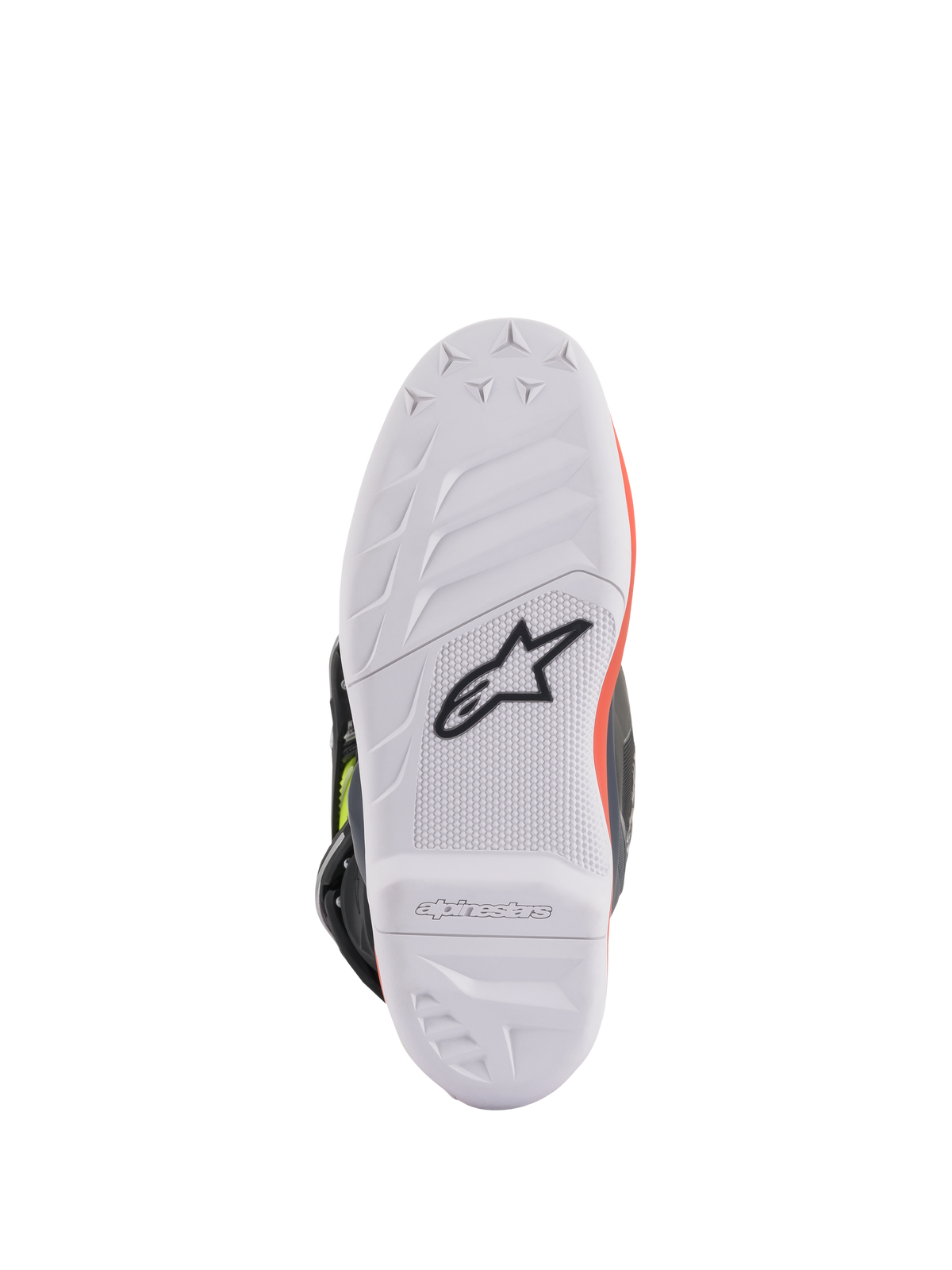 Młodzieżowe buty Alpinestars Tech 7S, buty motocrossowe, ciemnoszare z neonową czerwienią i neonową żółcią, widok od spodu na białą gumową podeszwę o wysokiej przyczepności z czarnym logo Astars, wytrzymała konstrukcja do jazdy w terenie