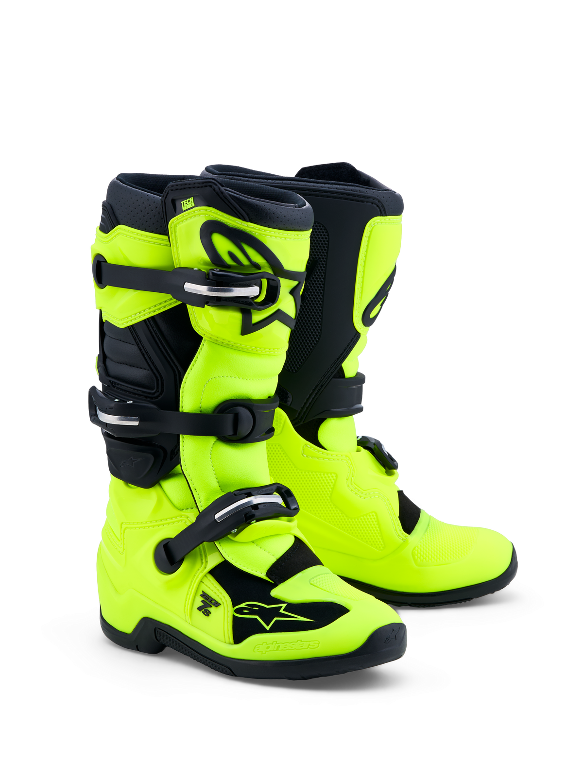 Alpinestars Buty Tech 7S Młodzieżowe, jaskrawożółte i czarne buty motocrossowe off-road z ochroną TPU i systemem klamer.