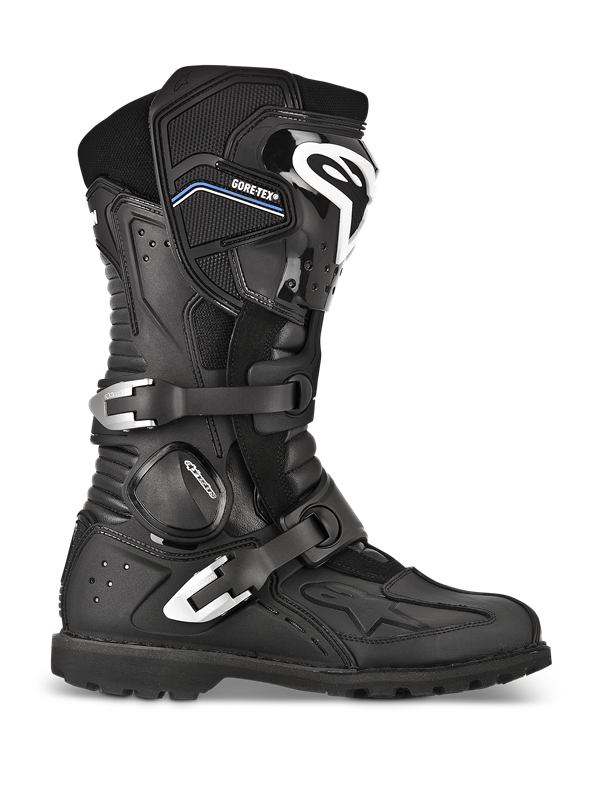 Alpinestars Toucan GORE-TEX Boots, Adventure Touring Motorcycle Boots, Black, profile view featuring dual silver aluminum buckles, GORE-TEX branding, reinforced shin guard with white logo, and rugged lugged sole