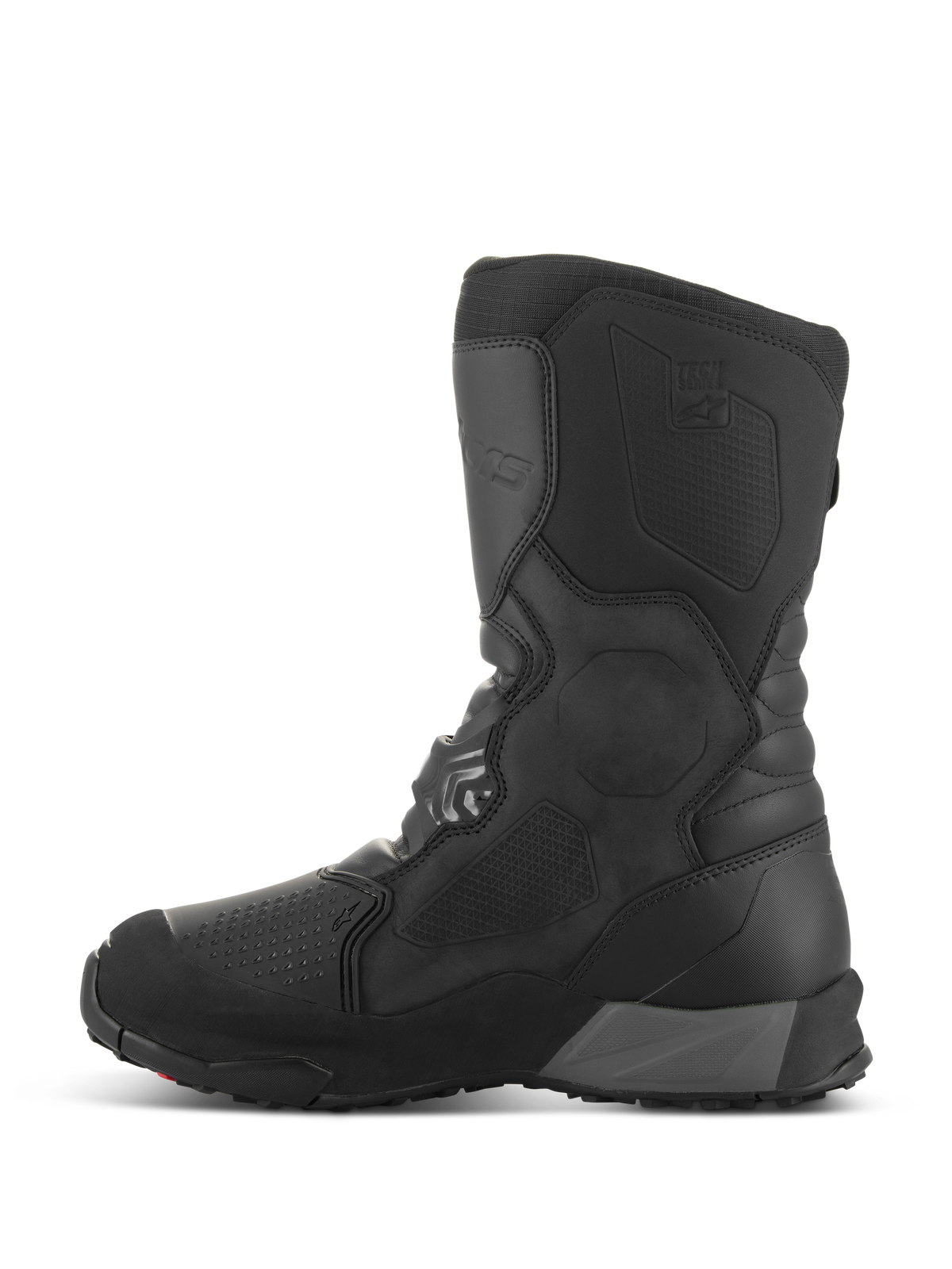 Alpinestars XT-8 GORE-TEX Boots, Adventure Enduro Motorcycle Boots, Black Black, side profile view featuring a tall shaft, reinforced shin and toe areas, textured protective panels, and a rugged outsole for all-terrain performance.