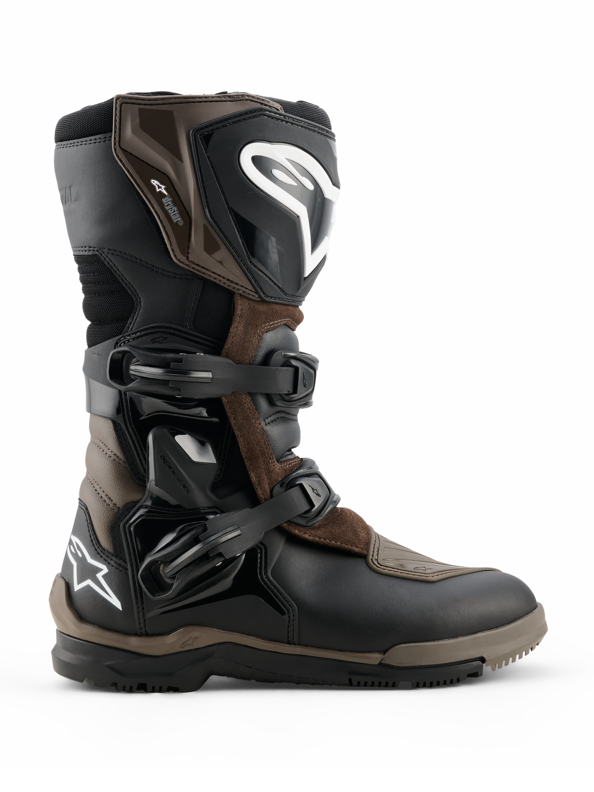 Alpinestars Corozal V2 Adventure Drystar Boots, motocyklowe buty turystyczne adventure, brązowo-czarne, wodoodporna konstrukcja z regulowanymi klamrami, wzmocniona ochrona kostki i goleni, wytrzymała teksturowana podeszwa zapewniająca przyczepność w każdym terenie