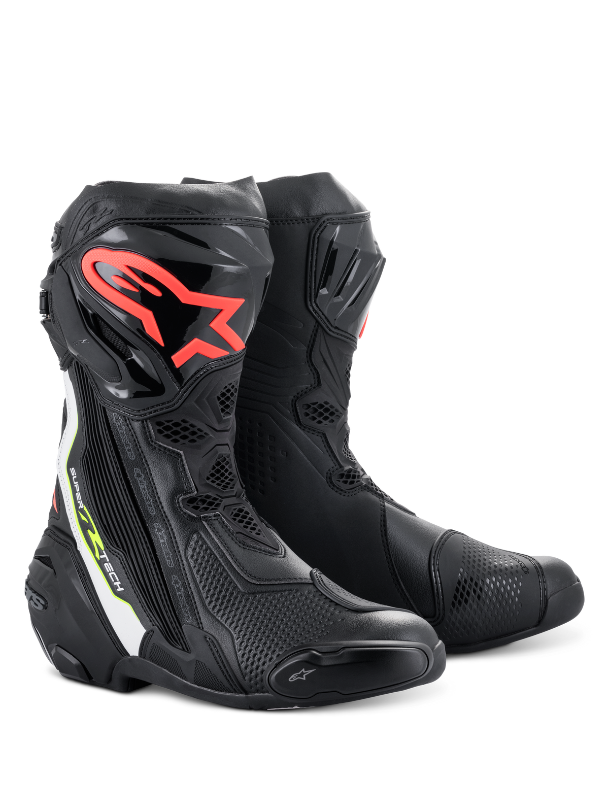 Alpinestars Supertech R Boots, performance motorcycle racing boots, black with red Alpinestars logo on the shin, white and fluorescent yellow accents, featuring technical microfiber construction and protective TPU shin plates.