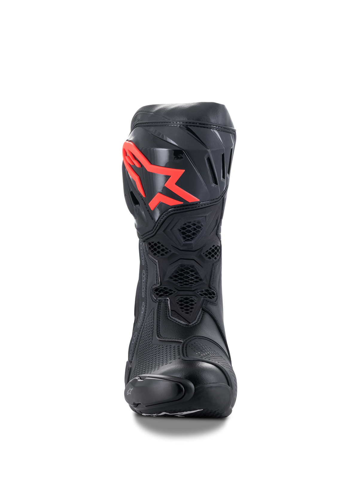 Alpinestars Supertech R Boots, Performance Racing Motorcycle Boots, Black with Red Logo, front view featuring a protective TPU shin plate, honeycomb mesh ventilation, and aerodynamic racing design