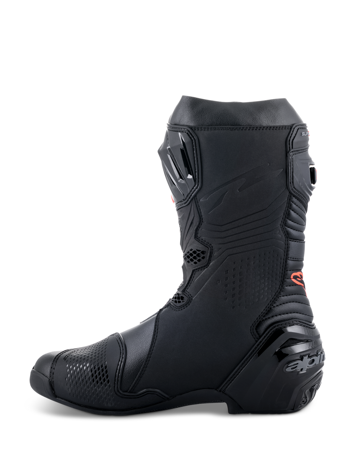Alpinestars Supertech R Boots, high-performance motorcycle racing boots, sleek all-black design with red logo detail, side profile featuring reinforced heel and TPU protection panels