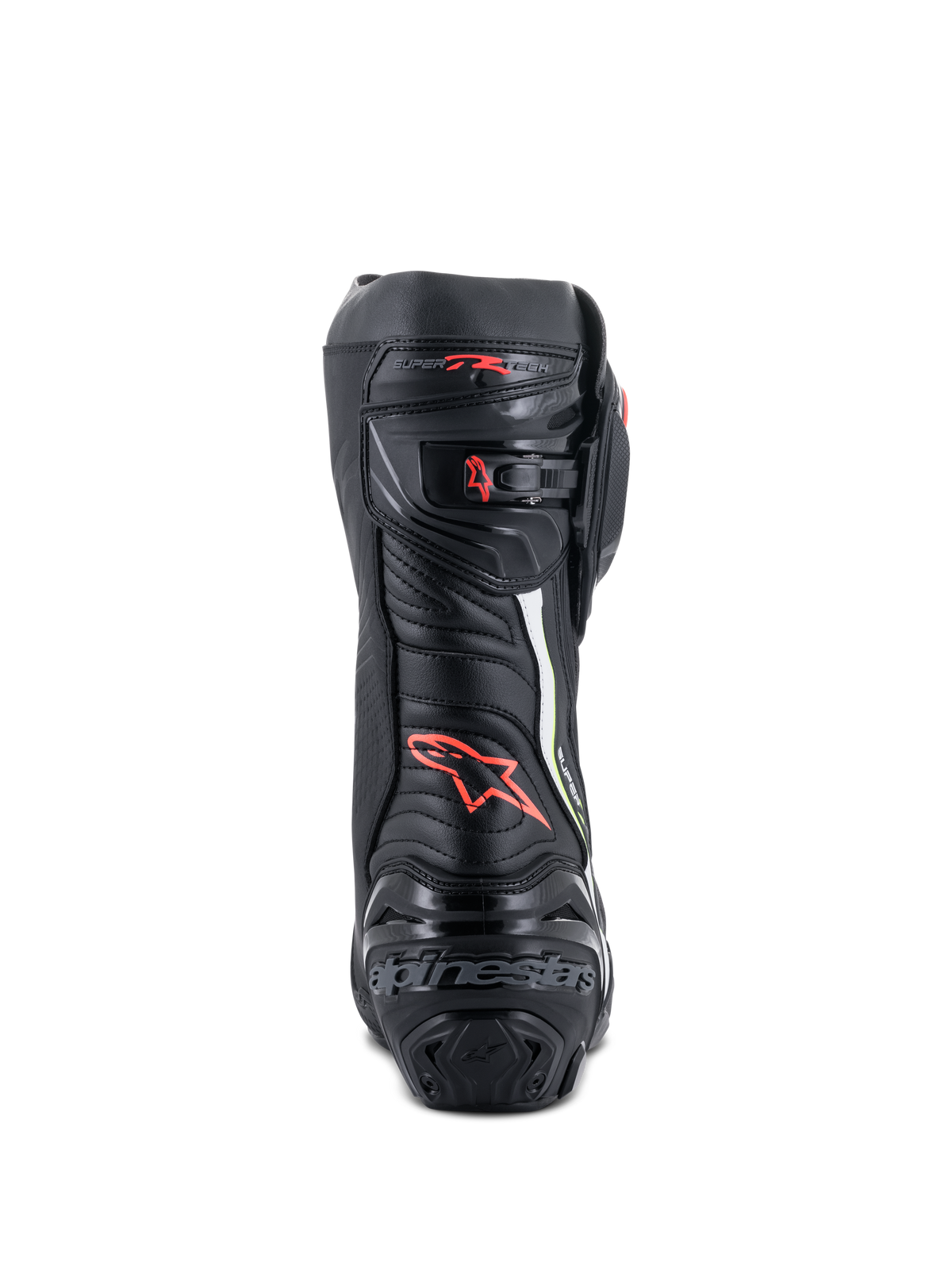 Alpinestars Supertech R Boots, high-performance racing motorcycle boots, rear view in black with red and yellow fluo accents, featuring TPU heel protection, a micro-adjustable ratchet closure, and signature branding.