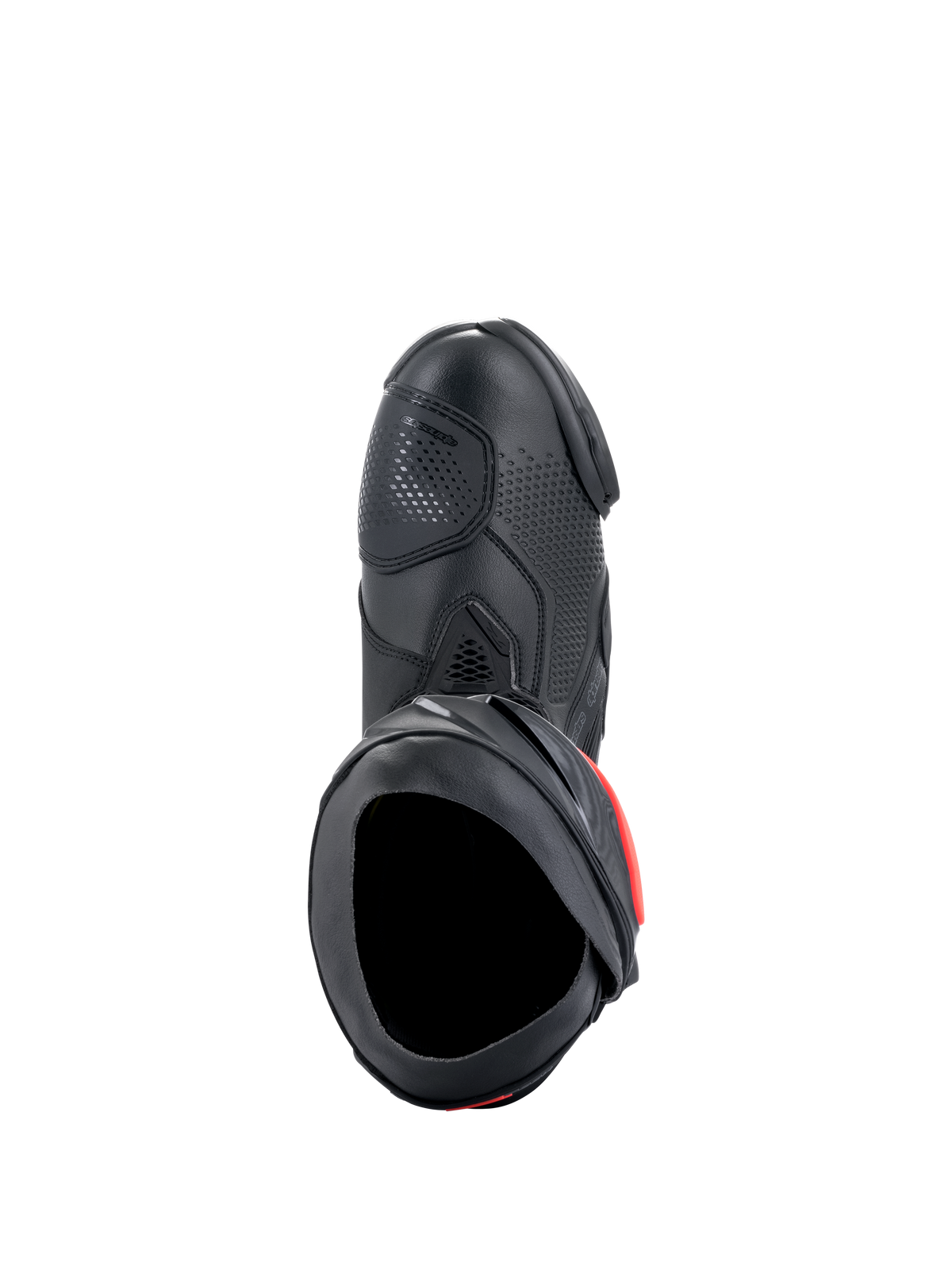 Alpinestars Supertech R Boots, Performance Motorcycle Racing Boots, Black with red accents, top-down view showcasing the microfiber upper, perforated texture, TPU shifter zone, and secure entry opening.