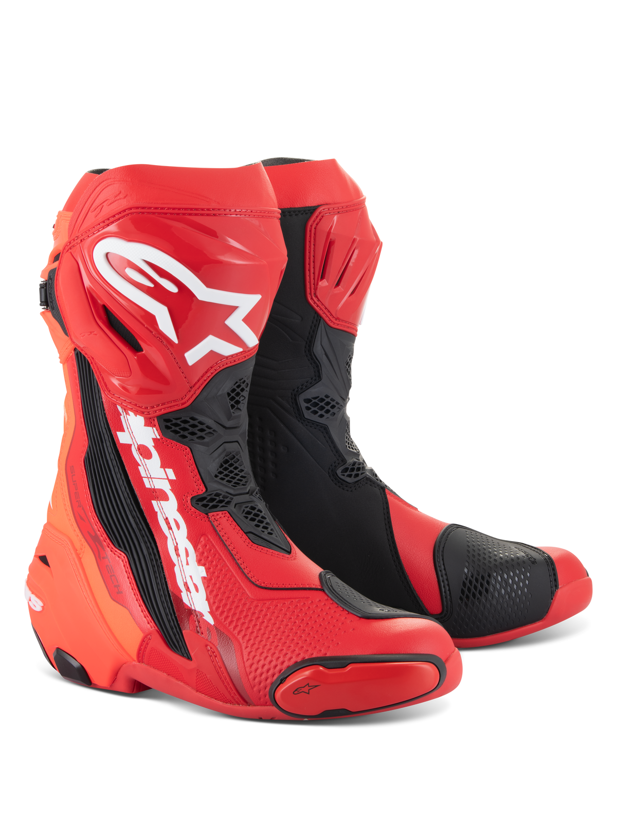 Alpinestars Supertech R Boots, Motorcycle Racing Boots, Bright Red and Red Fluo with black and white accents, featuring white Alpinestars logos on the shin, reinforced protective plates, and replaceable toe sliders, high-performance footwear for sport and racing.