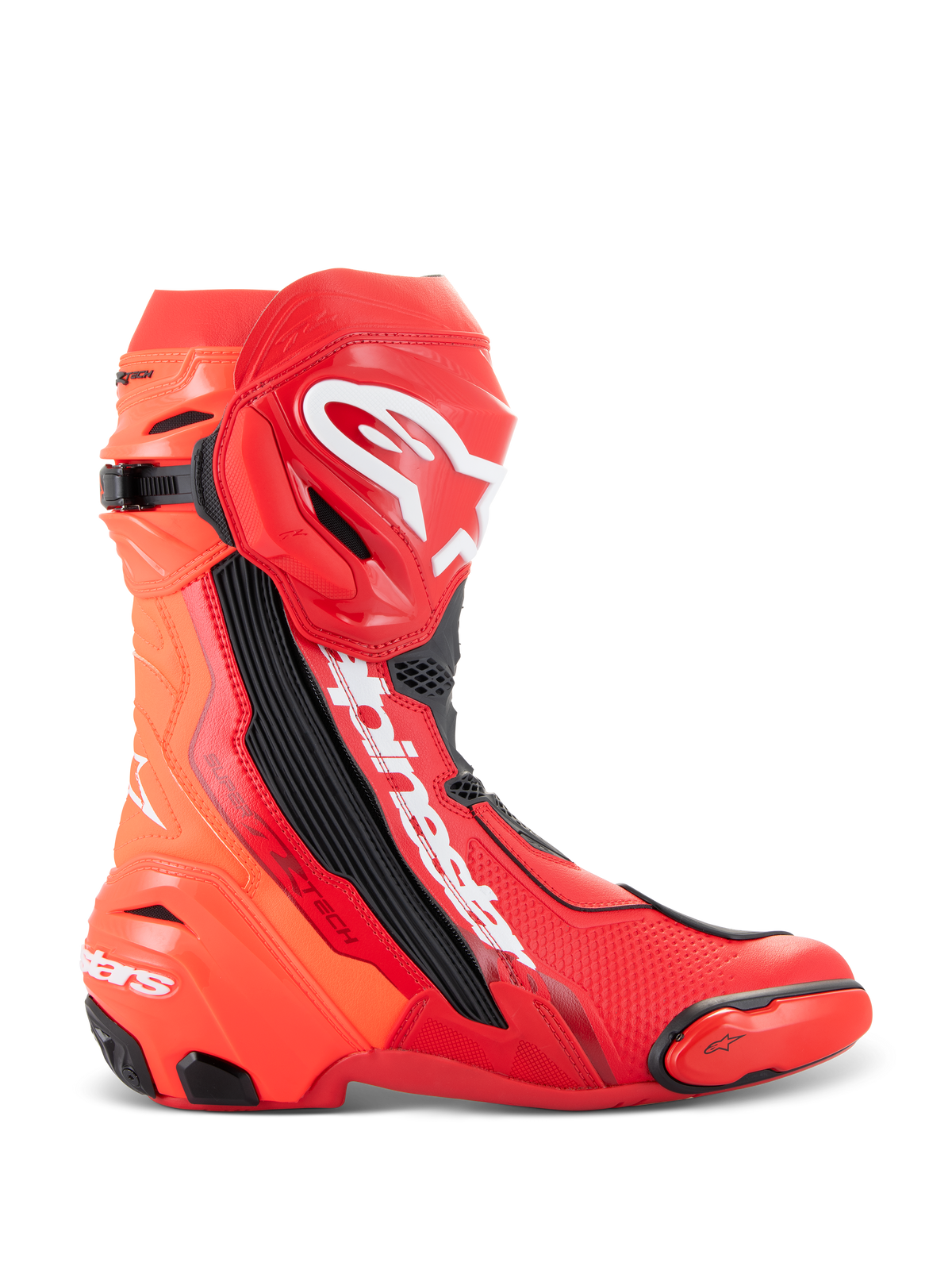 Alpinestars Supertech R Boots, Motorcycle Racing Boots, Bright Red and Red Fluo, high-performance track design featuring TPU shin plate, replaceable toe slider, and white Alpinestars logo, side profile view