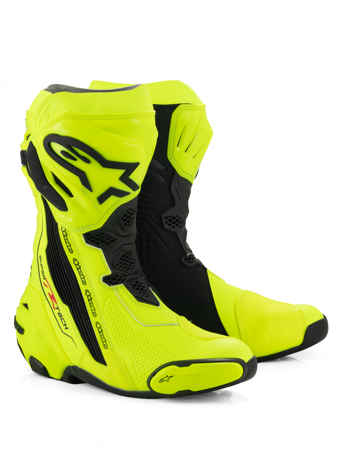 Alpinestars Supertech R Boots, buty motocyklowe wyścigowe, żółte fluo i czarne, z ochronną płytą goleniową z logo Alpinestars, elastycznymi panelami harmonijkowymi i wzmocnionymi sliderami palców, na białym tle