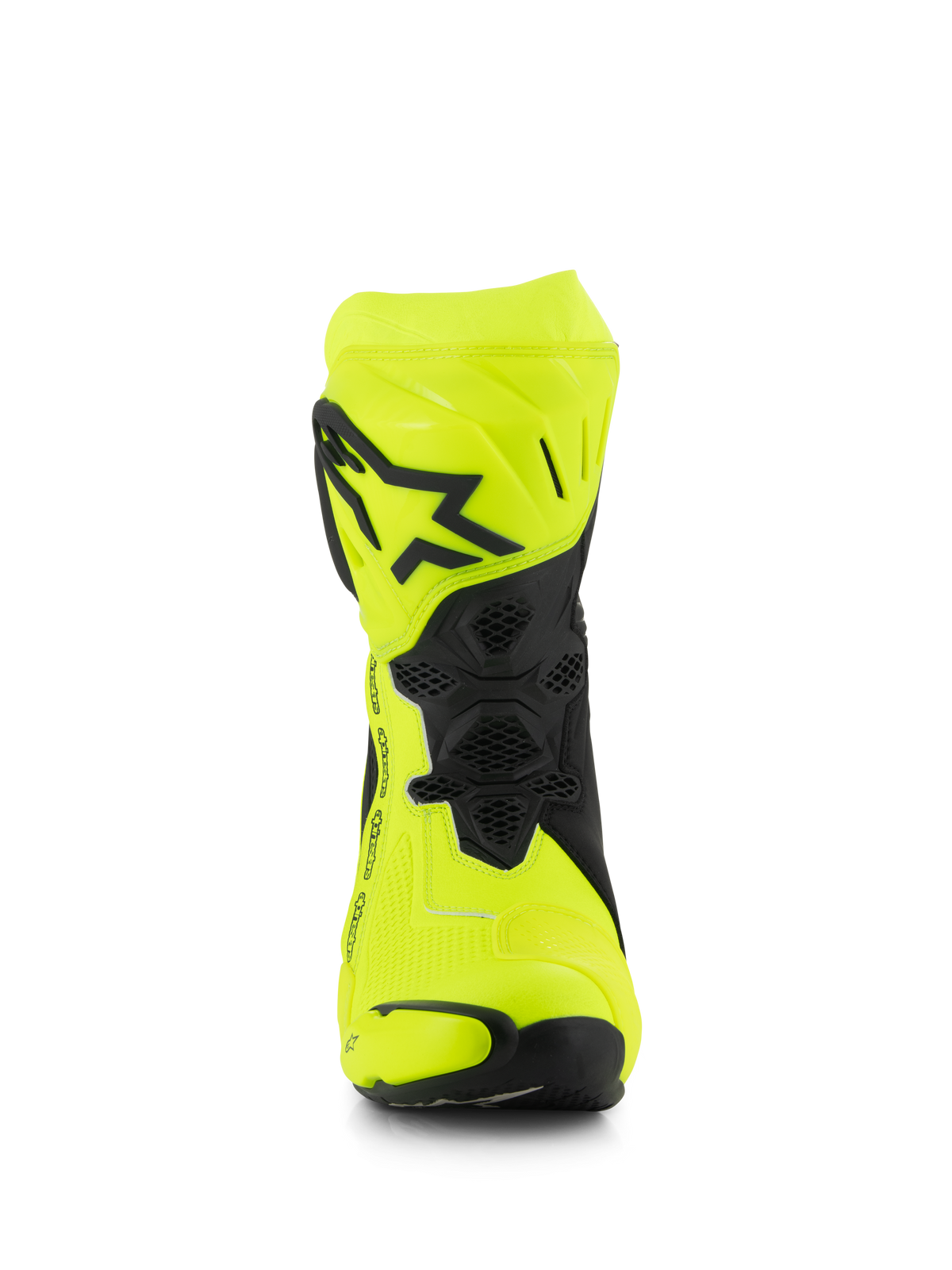 Alpinestars Supertech R Boots, buty motocyklowe wyścigowe, żółte fluo i czarne, widok z przodu pokazujący czarne logo gwiazdy na płycie goleniowej, elastyczne strefy o strukturze plastra miodu oraz aerodynamiczny design do profesjonalnych wyścigów.
