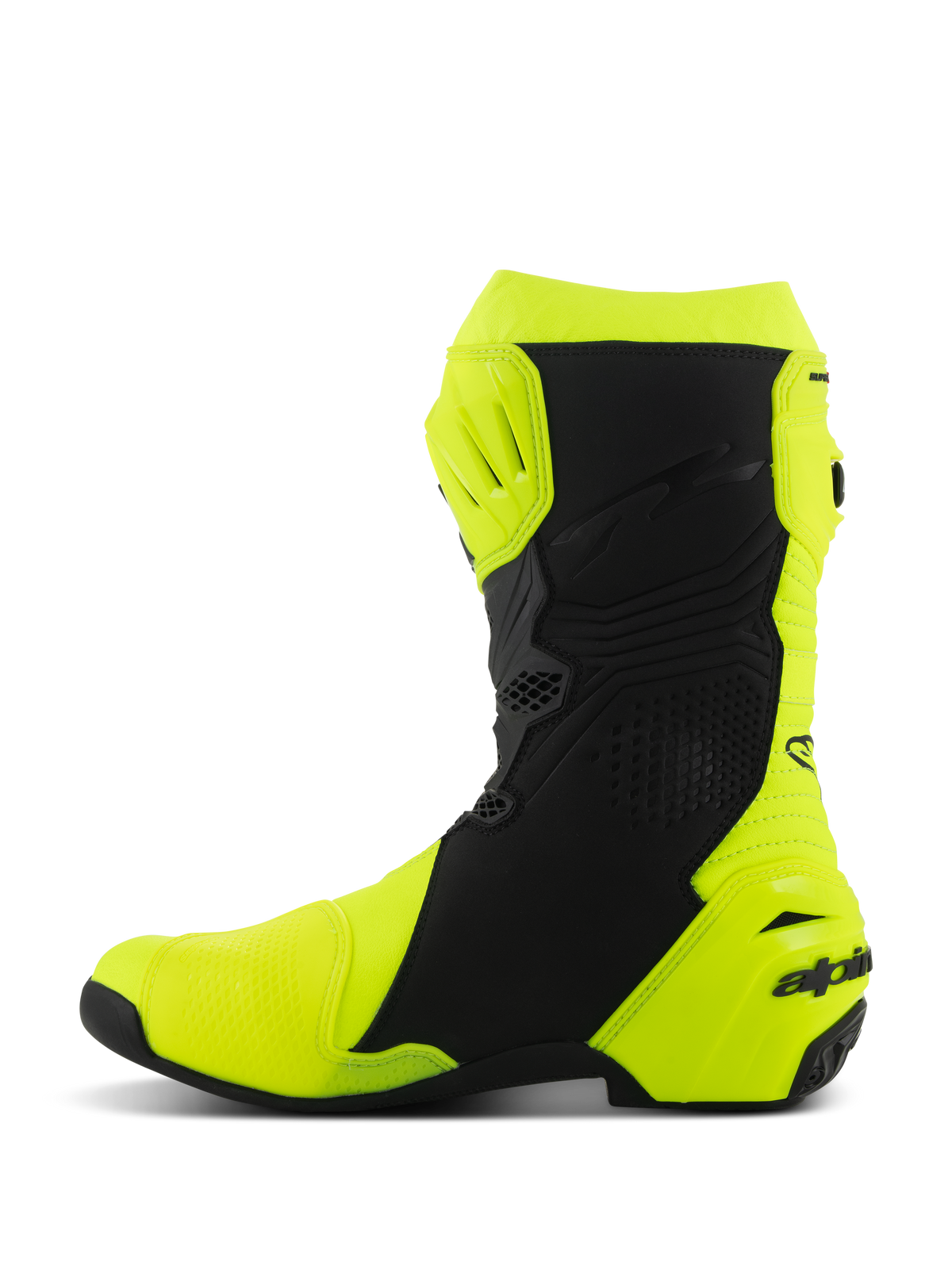 Buty Alpinestars Supertech R, buty motocyklowe wyścigowe, żółte neonowe i czarne, profil boczny z wzmocnioną ochroną goleni i pięty, smukły ergonomiczny design z perforowanymi panelami i brandingiem na pięcie.
