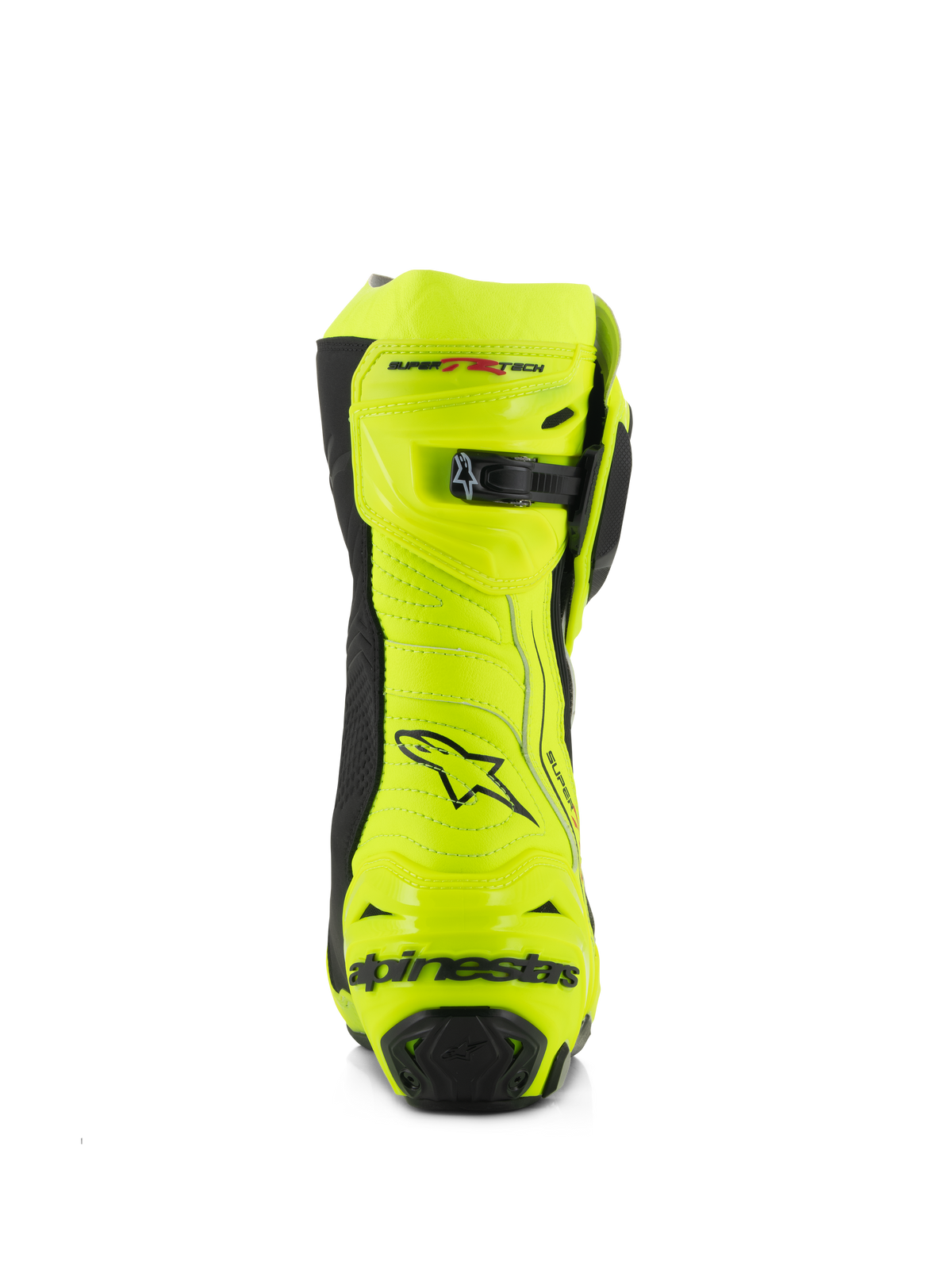 Buty Alpinestars Supertech R, wyścigowe buty motocyklowe, żółty fluo i czarny, widok z tyłu przedstawiający wzmocniony ochraniacz pięty, regulowane zapięcie łydki i wyraźne logo, fluorescencyjne wykończenie o wysokiej widoczności dla wydajności na torze i drodze
