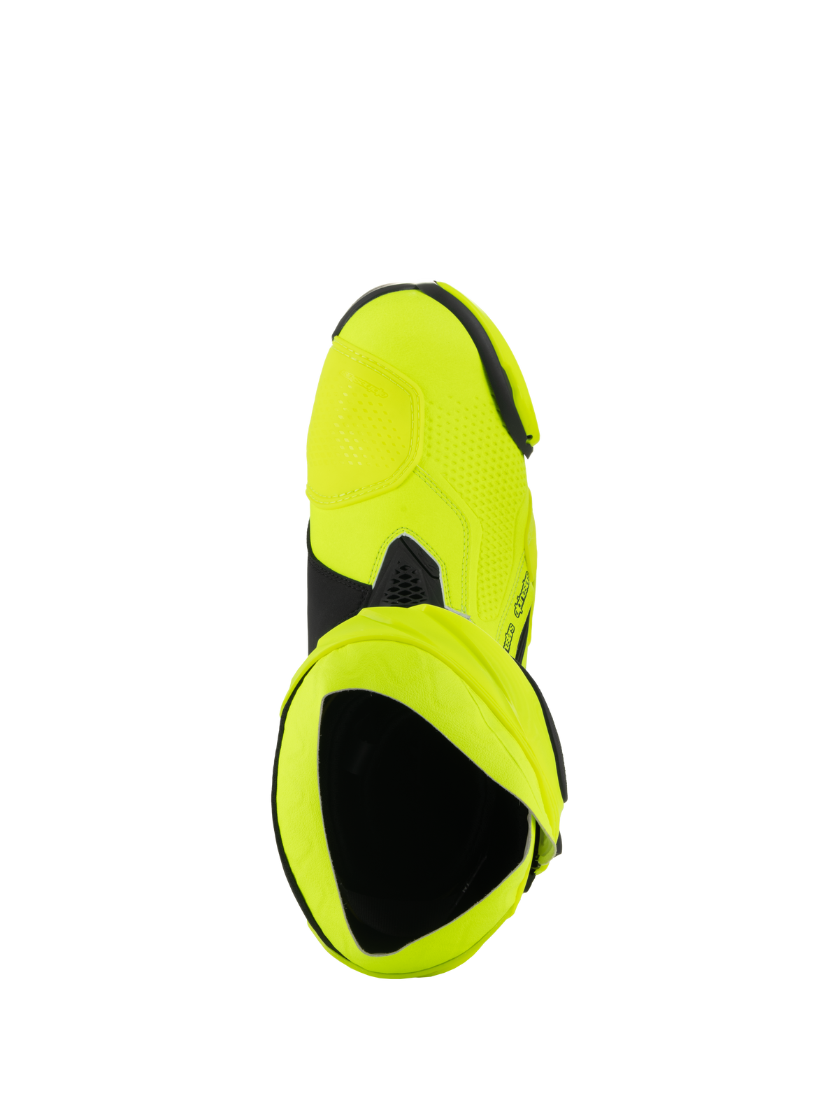 Buty Alpinestars Supertech R, motocyklowe buty wyścigowe, żółte neonowe i czarne, widok z góry do wnętrza buta, jaskrawożółte wykończenie z czarnymi akcentami i detalami kołnierza