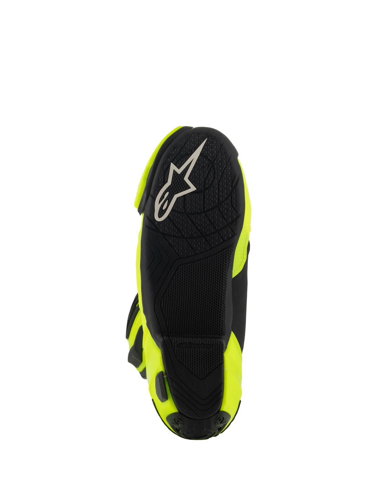 Alpinestars Supertech R Boots, motocyklowe buty wyścigowe, żółte neonowe i czarne, widok od spodu pokazujący czarną teksturowaną podeszwę z białym logo Alpinestars i jaskrawożółte panele boczne