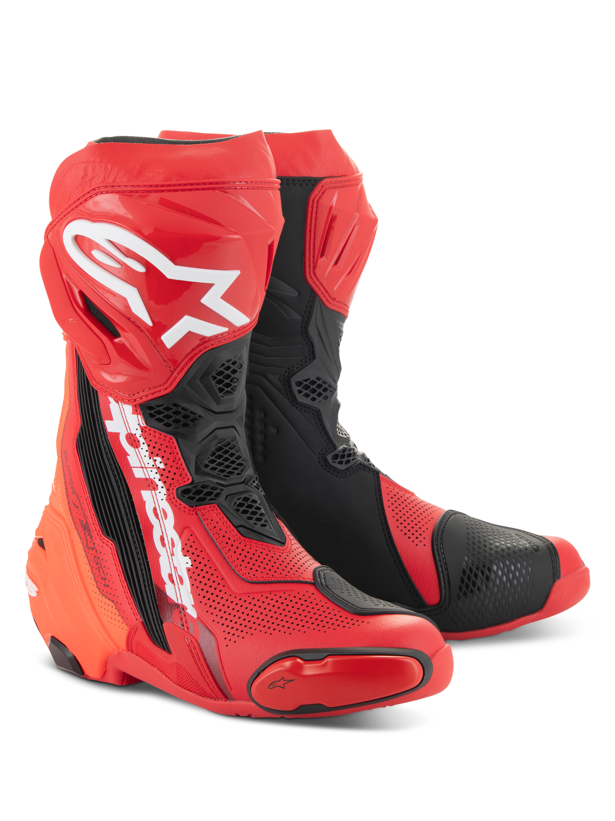 Buty Alpinestars Supertech R Vented, jaskrawoczerwone i czarne, wyczynowe wyścigowe buty motocyklowe z licznymi perforacjami, białe logo A-star na goleniu i wytrzymałe panele ochronne TPU