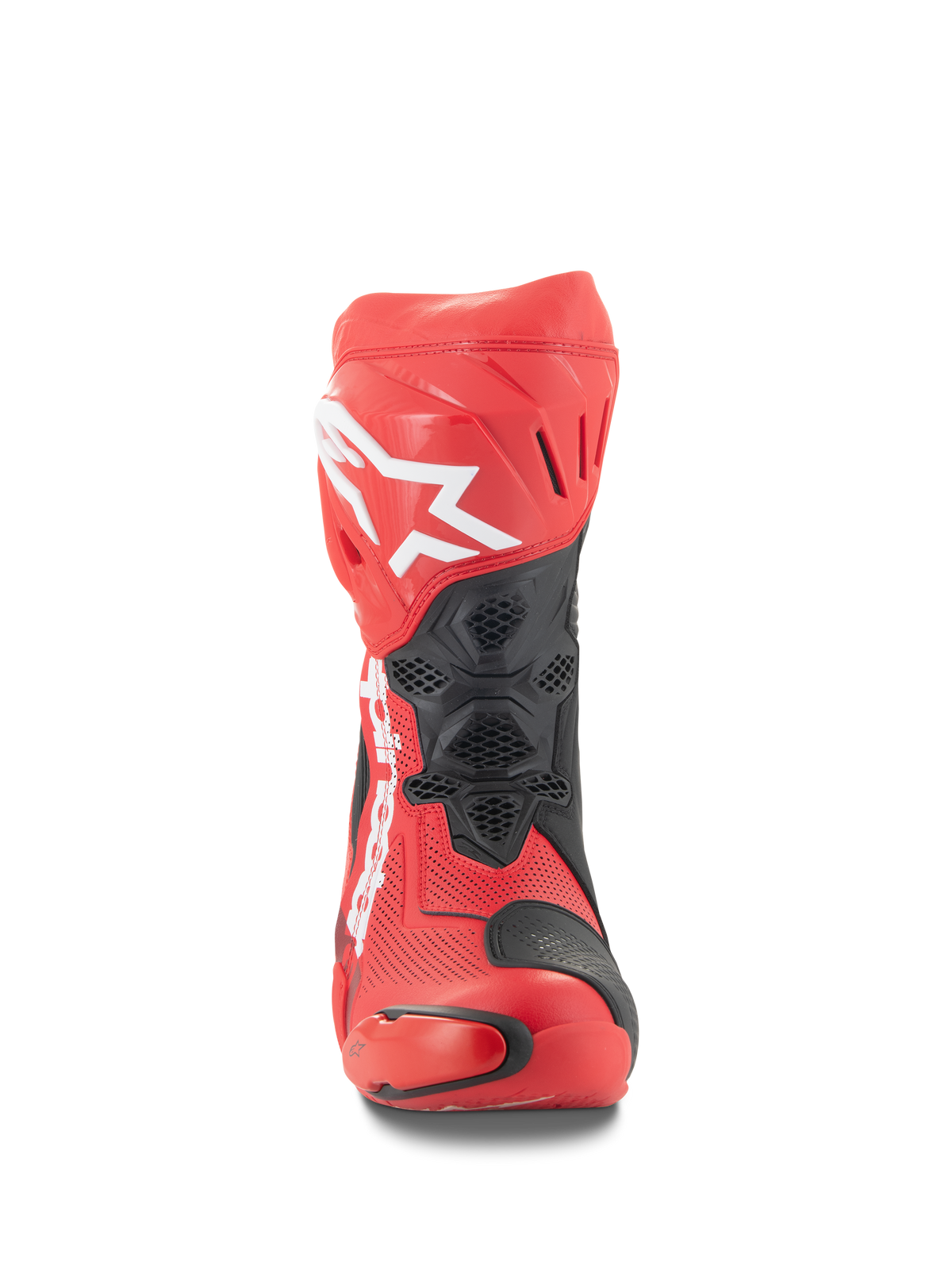Buty Alpinestars Supertech R Vented, widok z przodu, jasnoczerwone i czerwone fluo z czarnymi akcentami, białe logo Alpinestars na goleni, perforowana konstrukcja z mikrofibry zapewniająca przepływ powietrza, ochronne panele TPU, buty wyścigowe