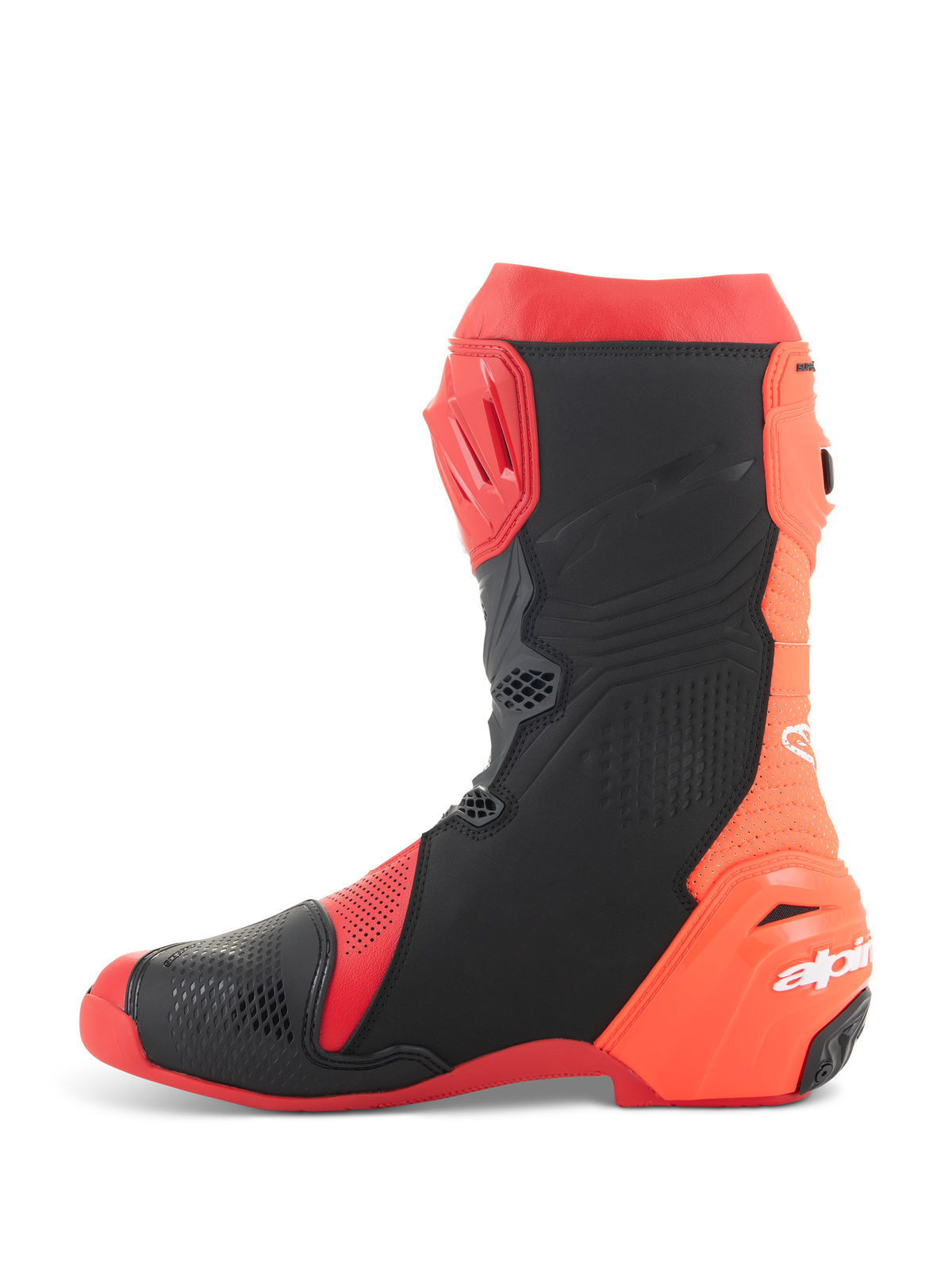 Alpinestars Supertech R Vented Boots, wyścigowe buty motocyklowe, jaskrawoczerwone i czerwone fluo z czarnymi akcentami, widok z boku z licznymi perforacjami dla maksymalnego przepływu powietrza i panelami ochronnymi TPU