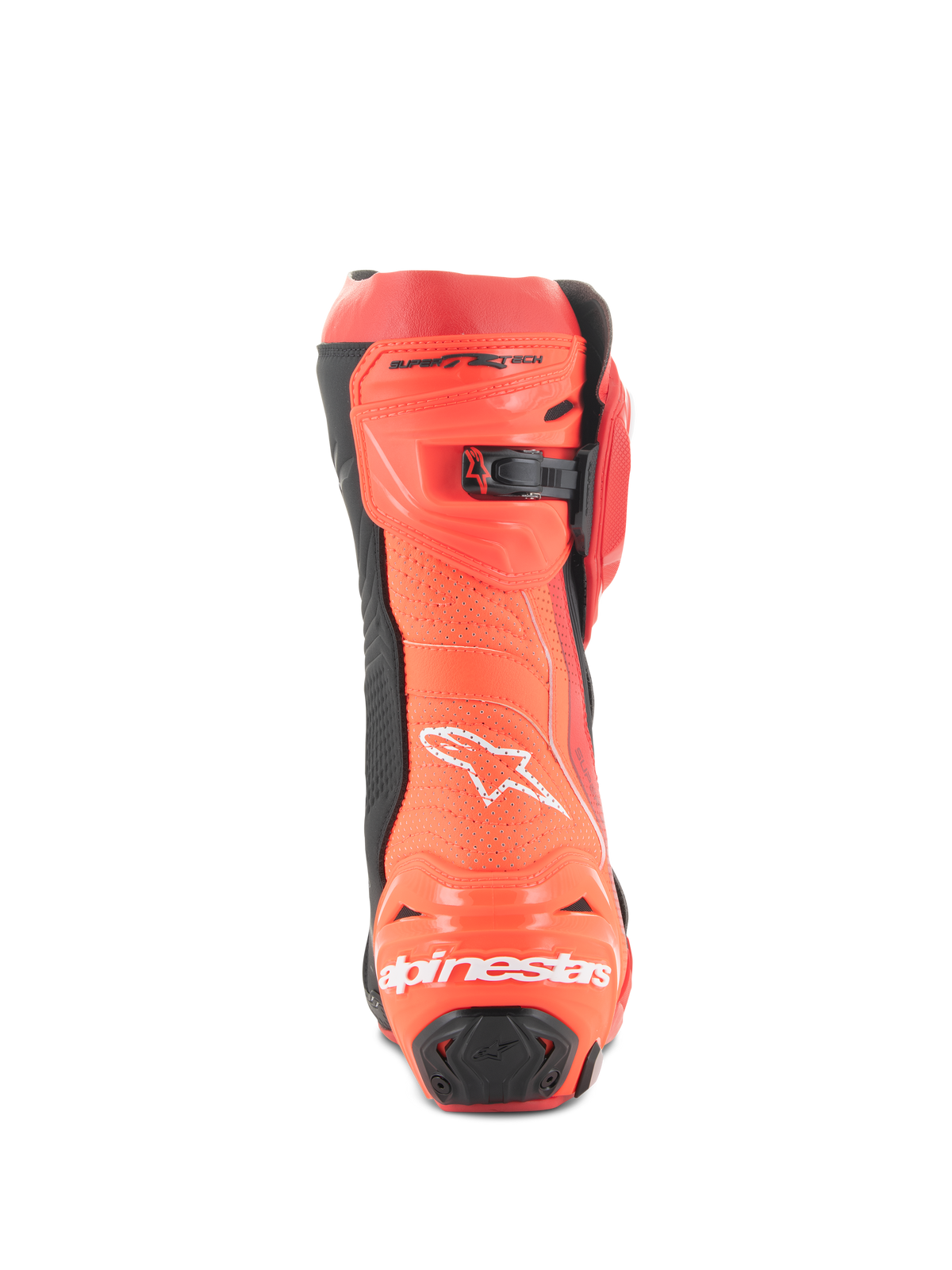 Alpinestars Supertech R Vented Boots, wyścigowe buty motocyklowe, jaskrawoczerwone i czerwone fluo, widok z tyłu przedstawiający perforowaną konstrukcję dla wentylacji, ochraniacze pięty TPU oraz białe logo Alpinestars