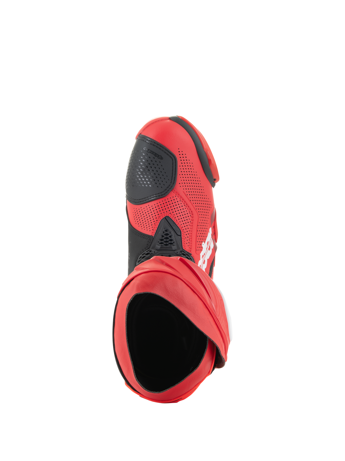 Alpinestars Supertech R Vented Boots, buty wyścigowe, jaskrawoczerwone i czerwone fluo, widok z góry pokazujący otwór buta, perforowana cholewka z mikrofibry z czarną nakładką pod dźwignię zmiany biegów, profesjonalne obuwie wyścigowe na tor i drogę