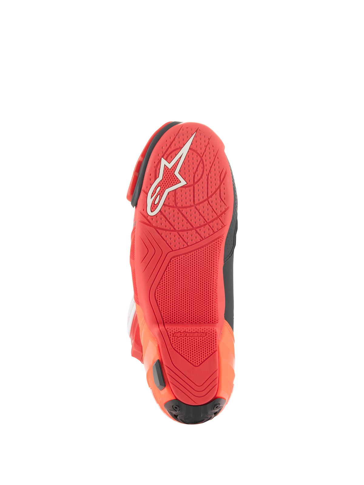 Alpinestars Supertech R Vented Boots, buty wyścigowe, jaskrawoczerwone i czerwone fluo, widok podeszwy z lekkiej mieszanki gumowej, białe logo Alpinestars, teksturowany wzór zapewniający przyczepność do podnóżków motocykla