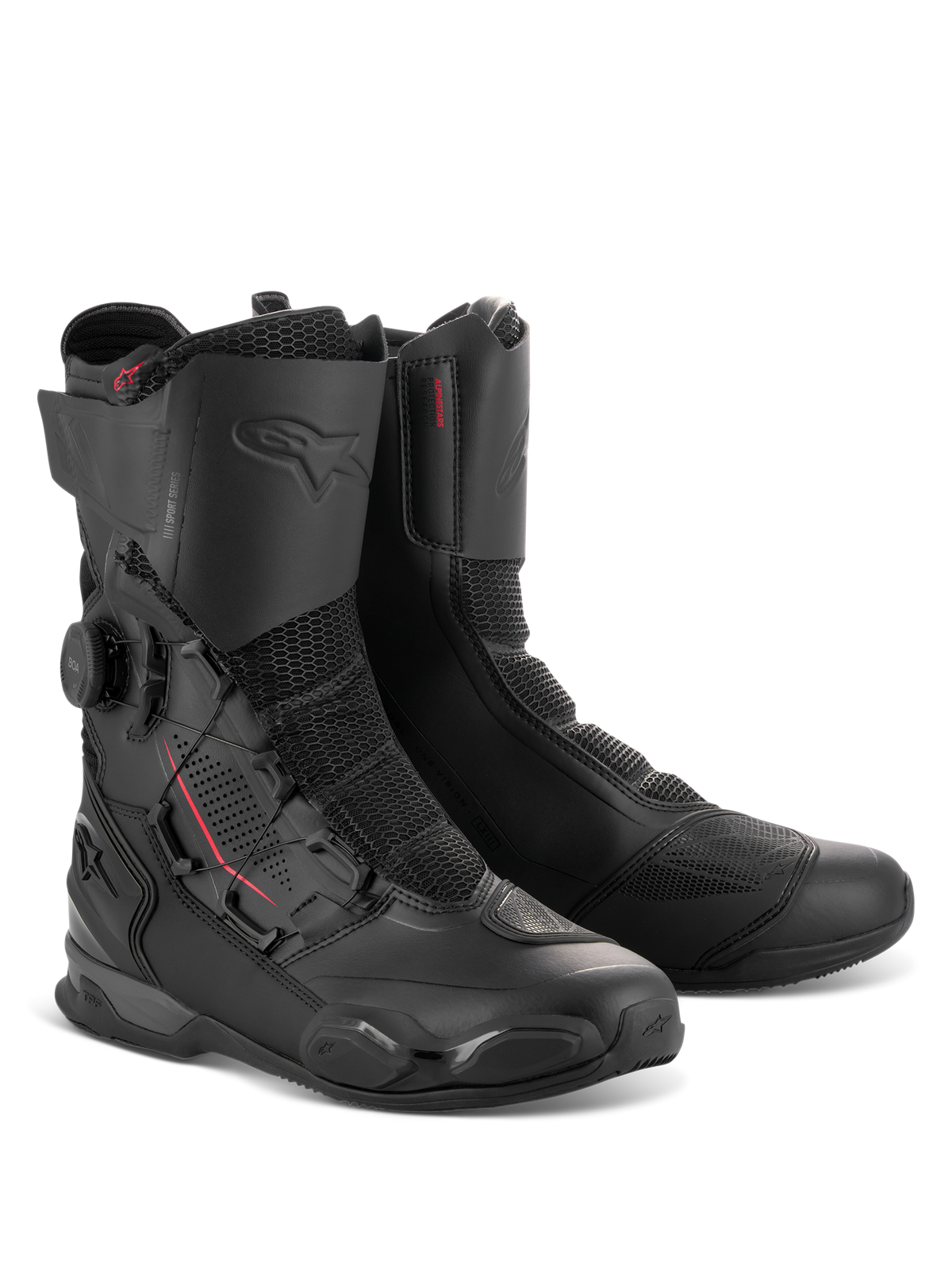Alpinestars SP-X BOA® Boots, sportowe buty motocyklowe o średniej wysokości w kolorze czarnym (Black Black), wyposażone w boczny system dopasowania BOA, panele z siatki Rideknit oraz ochronne wzmocnienia TPU do jazdy szosowej.