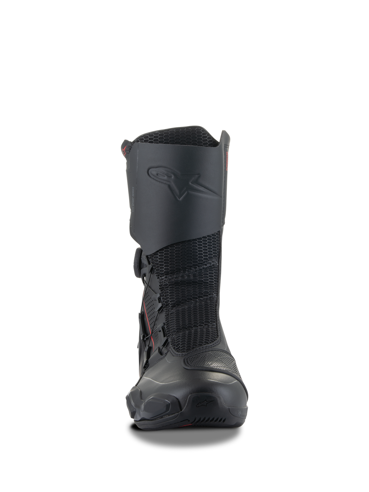 Buty Alpinestars SP-X BOA®, czarne sportowe buty motocyklowe, średniej wysokości konstrukcja ze zintegrowanym ochraniaczem goleni, elastyczne panele z siatki i boczny system zapięcia BOA, smukły profil ergonomiczny do jazdy sportowo-turystycznej