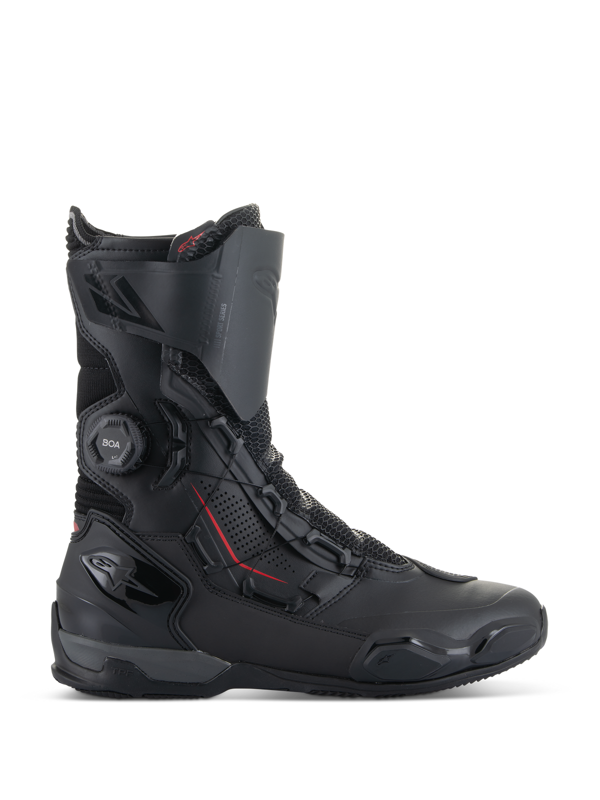 Alpinestars SP-X BOA® Boots, sportowe buty motocyklowe, czarne z czerwonymi akcentami, pokrętło systemu BOA®, konstrukcja o średniej wysokości z panelami z mikrofibry i siateczki, ochrona pięty i palców z TPU, elegancki design do jazdy szosowej