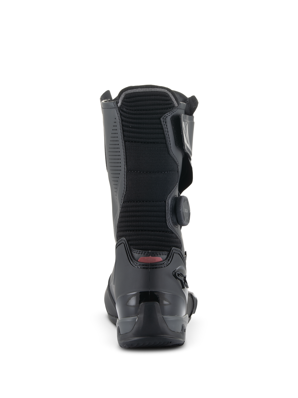 Buty Alpinestars SP-X BOA, sportowe buty motocyklowe o średniej wysokości, czarne, widok z tyłu podkreślający żebrowany harmonijkowy panel elastyczny, wzmocniony zapiętek TPU oraz boczne pokrętło systemu BOA Fit
