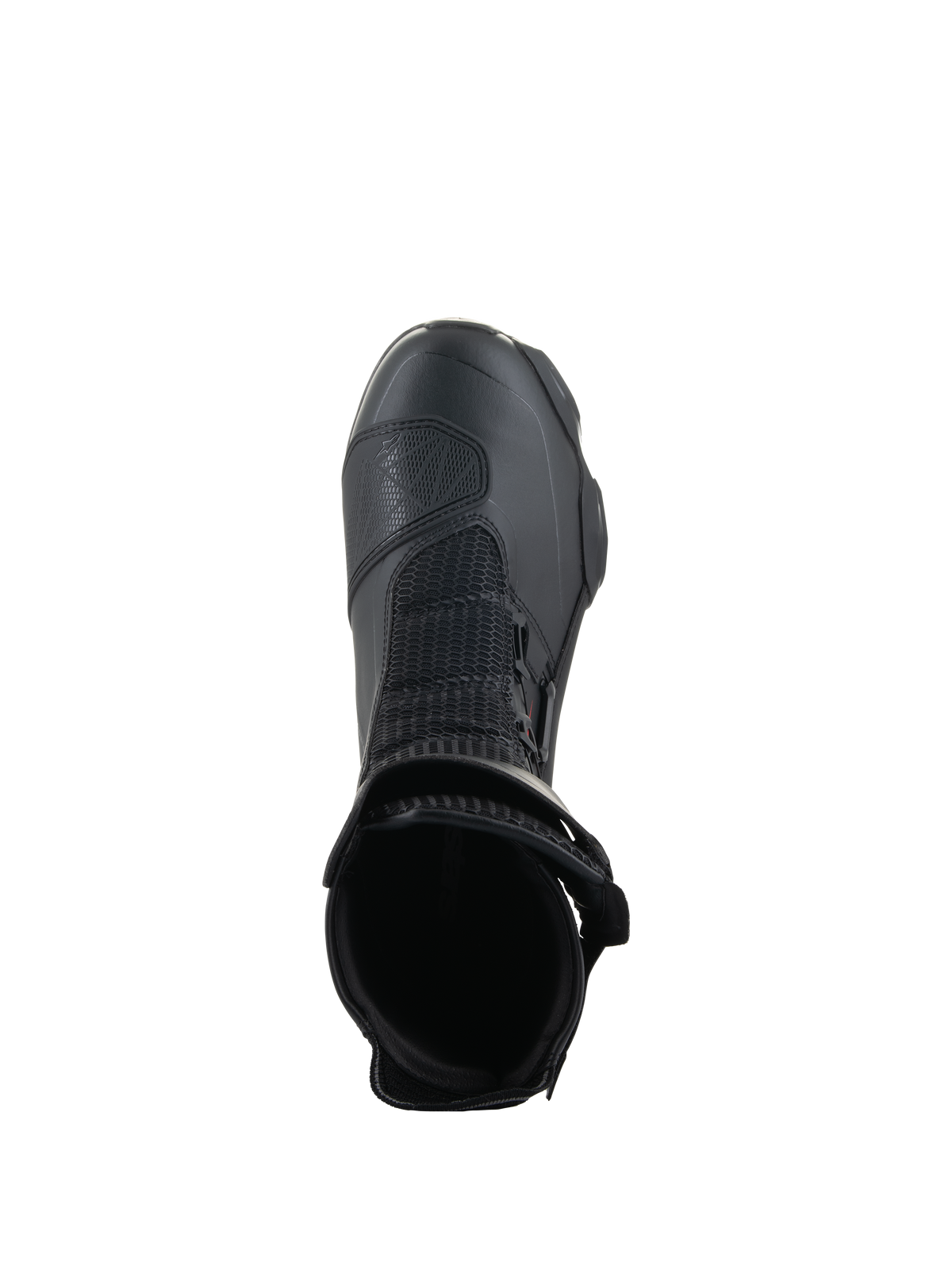 Buty Alpinestars SP-X BOA®, czarne, widok z góry na otwór kostki, z siatką Rideknit® i bocznym systemem dopasowania BOA®, smukłe sportowe buty motocyklowe o średniej wysokości