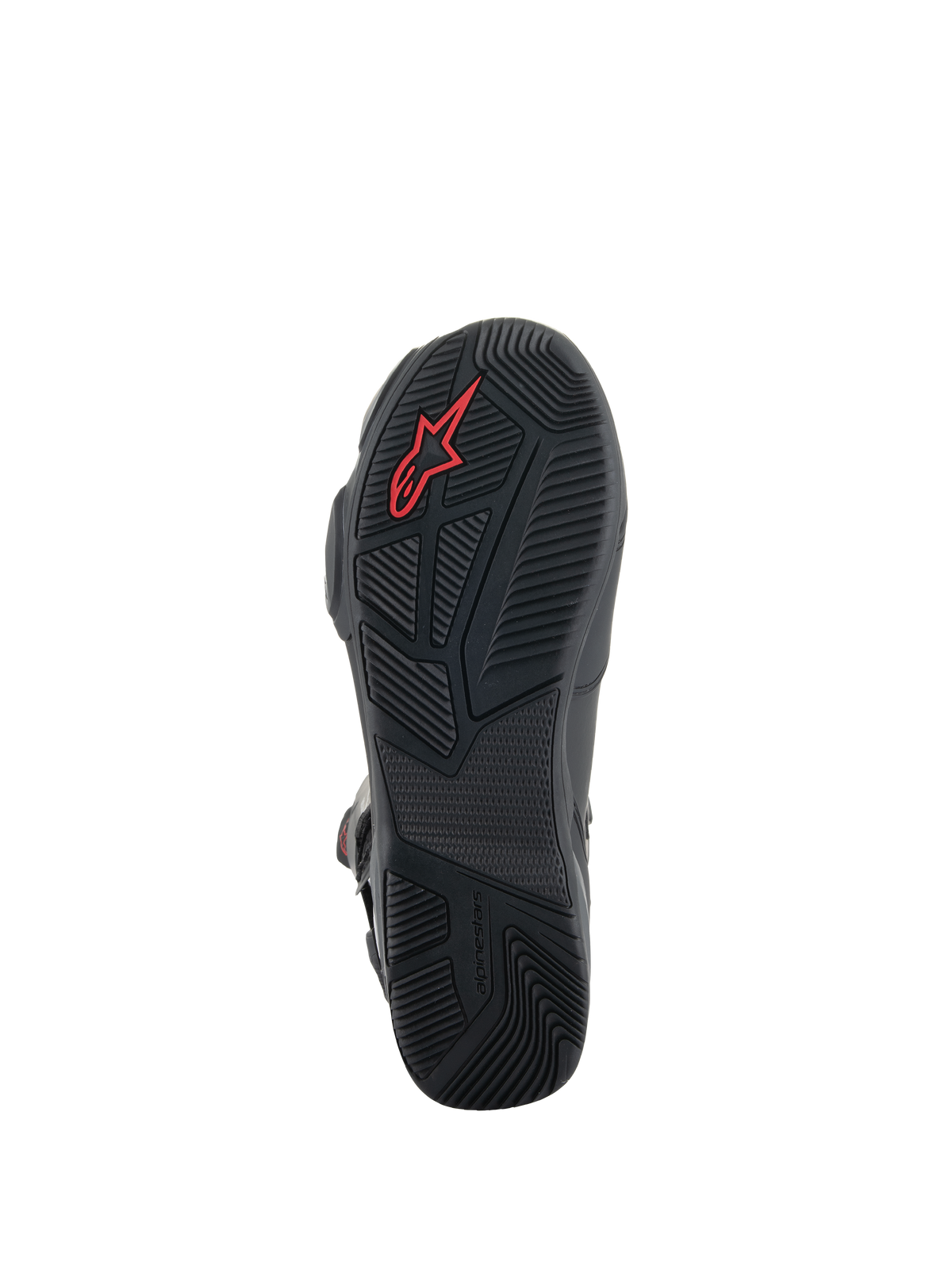 Buty Alpinestars SP-X BOA®, czarne buty motocyklowe, szczegółowy widok gumowej podeszwy z teksturowanym wzorem bieżnika, czerwonym logo Alpinestars i asymetryczną konstrukcją pięty zapewniającą stabilność podczas chodzenia.