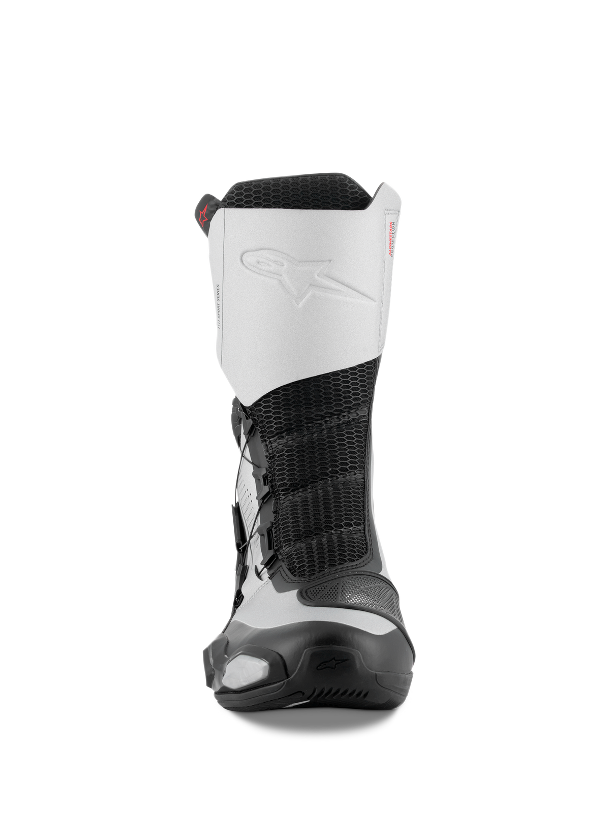 Buty Alpinestars SP-X BOA, widok z przodu, czarno-srebrne, sportowe buty motocyklowe o średniej wysokości, z białą cholewką z mikrofibry z wytłoczonym logo, czarnym środkiem z siatki i ochronnymi elementami TPU