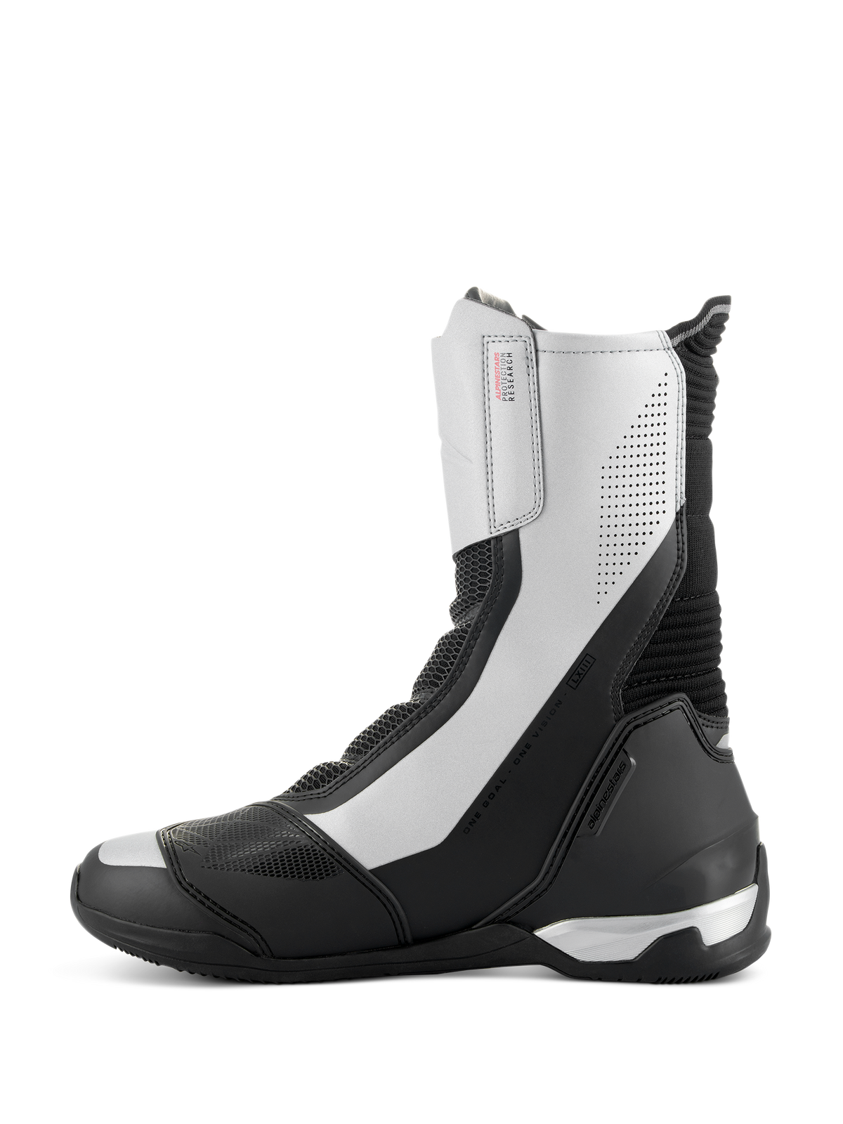 Buty Alpinestars SP-X BOA, sportowe buty motocyklowe o średniej wysokości, czarno-srebrne, smukły profil boczny ze srebrnymi panelami i perforowanymi detalami, czarny zapiętek TPU, branding Alpinestars