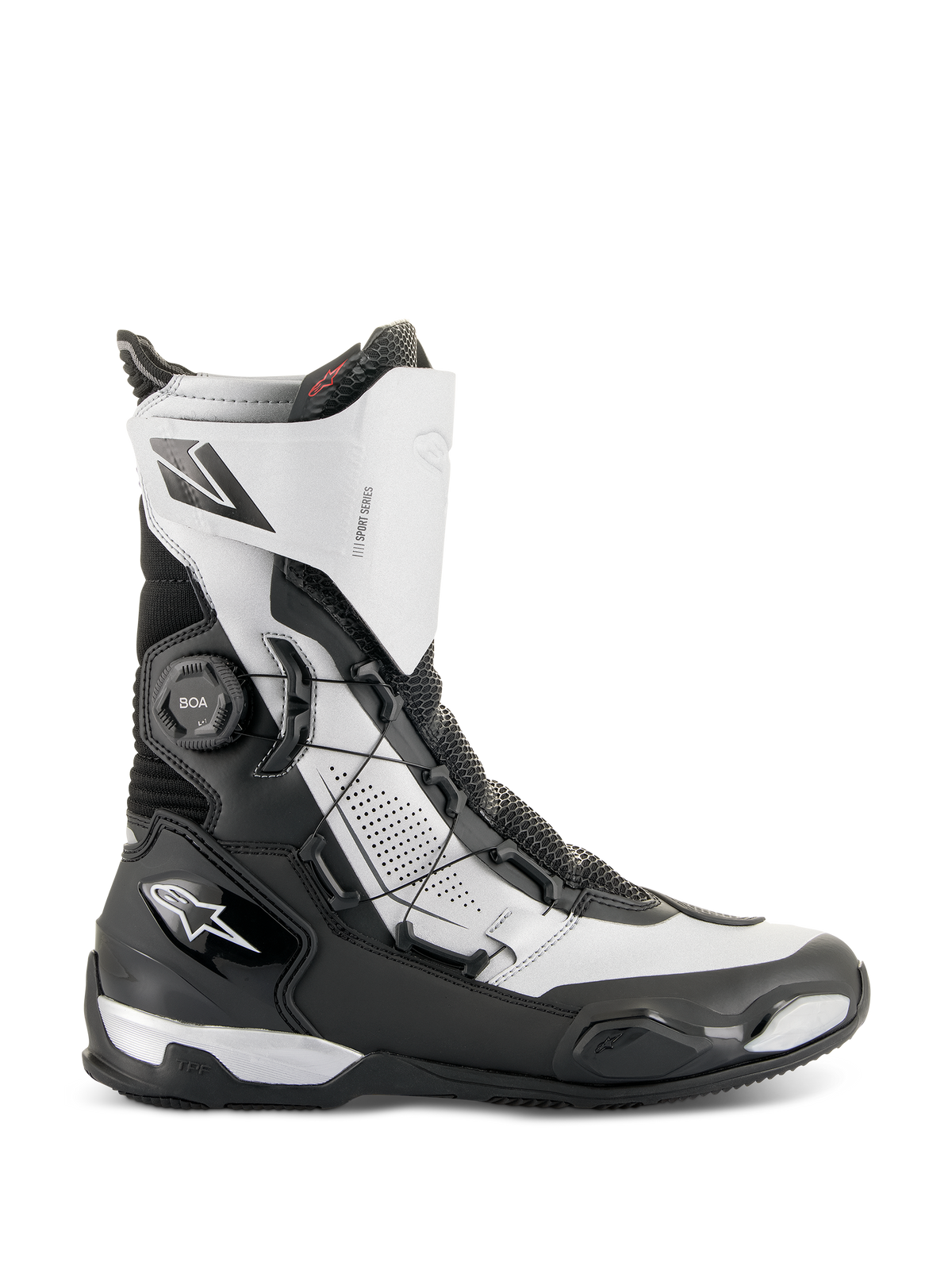Alpinestars SP-X BOA® Boots, średniej wysokości sportowe buty motocyklowe, czarno-srebrne, z bocznym systemem BOA Fit System, ochroną TPU i oddychającym materiałem Rideknit, elegancki design do jazdy sportowo-turystycznej