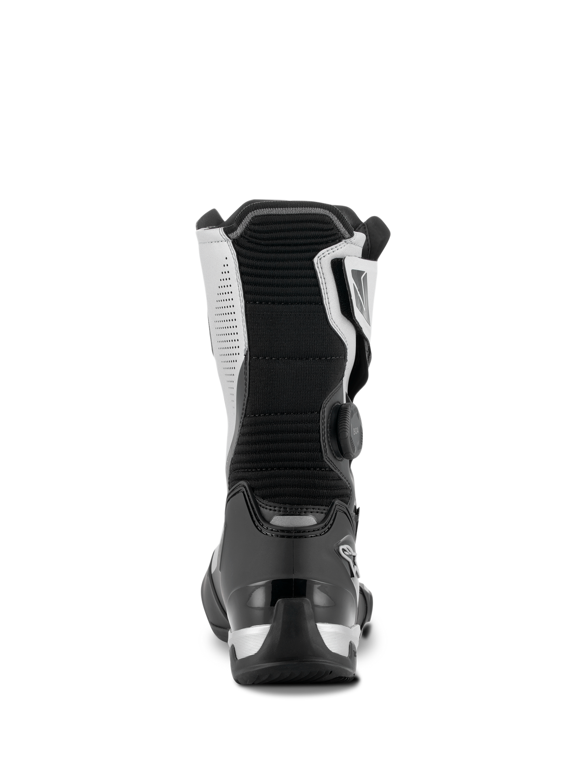 Buty Alpinestars SP-X BOA®, czarno-srebrne, widok z tyłu średniej wysokości butów motocyklowych sportowo-turystycznych, wyposażone w czarny zapiętek TPU, srebrne panele boczne i boczny system BOA, elegancki i ochronny design