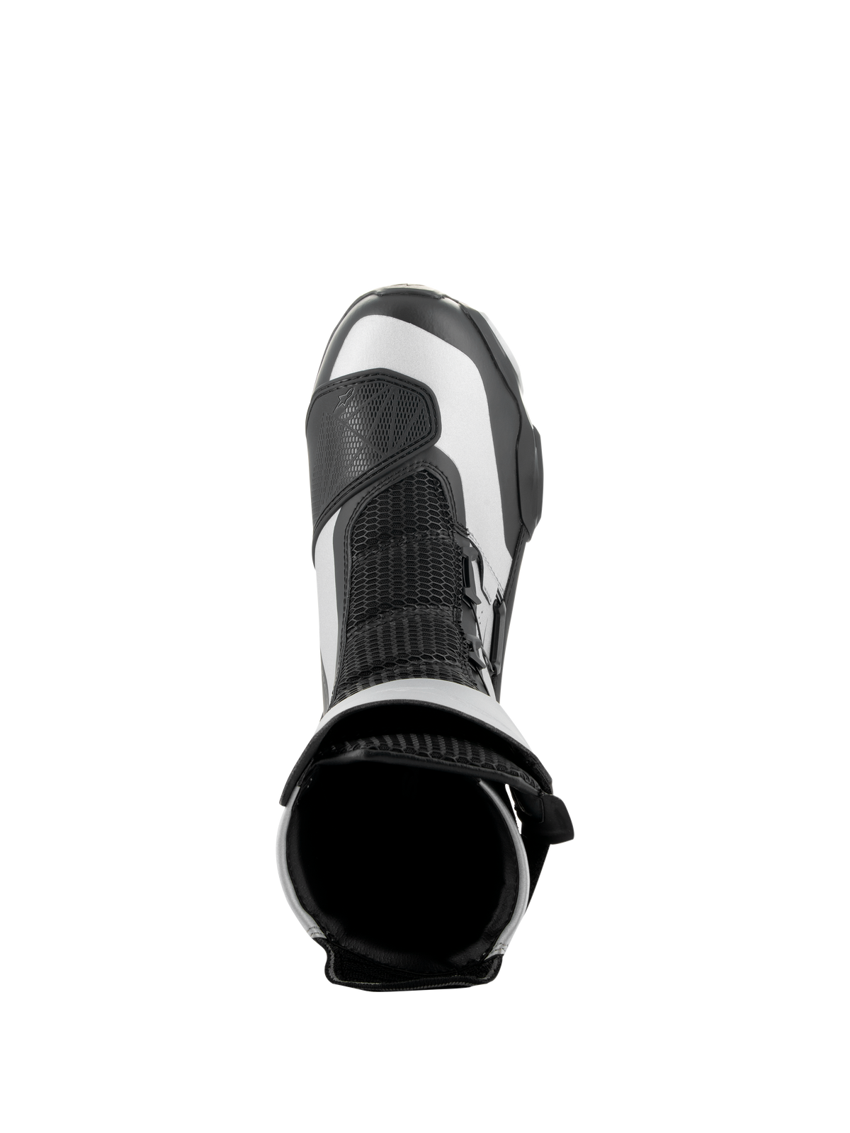 Buty Alpinestars SP-X BOA, czarno-srebrne, widok z góry ukazujący górny otwór i siateczkowy język, smukłe sportowe buty motocyklowe o średniej wysokości z zaawansowanej mikrofibry i materiału Rideknit