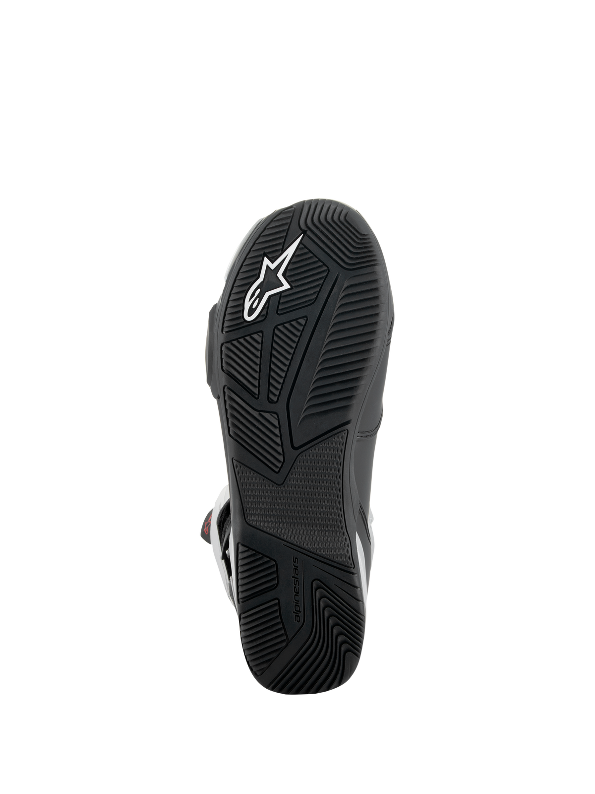 Buty Alpinestars SP-X BOA®, widok podeszwy, czarne, teksturowana gumowa podeszwa zewnętrzna z białym logo gwiazdy, asymetryczna konstrukcja pięty dla stabilności, specjalistyczne wzory bieżnika dla przyczepności do podnóżków