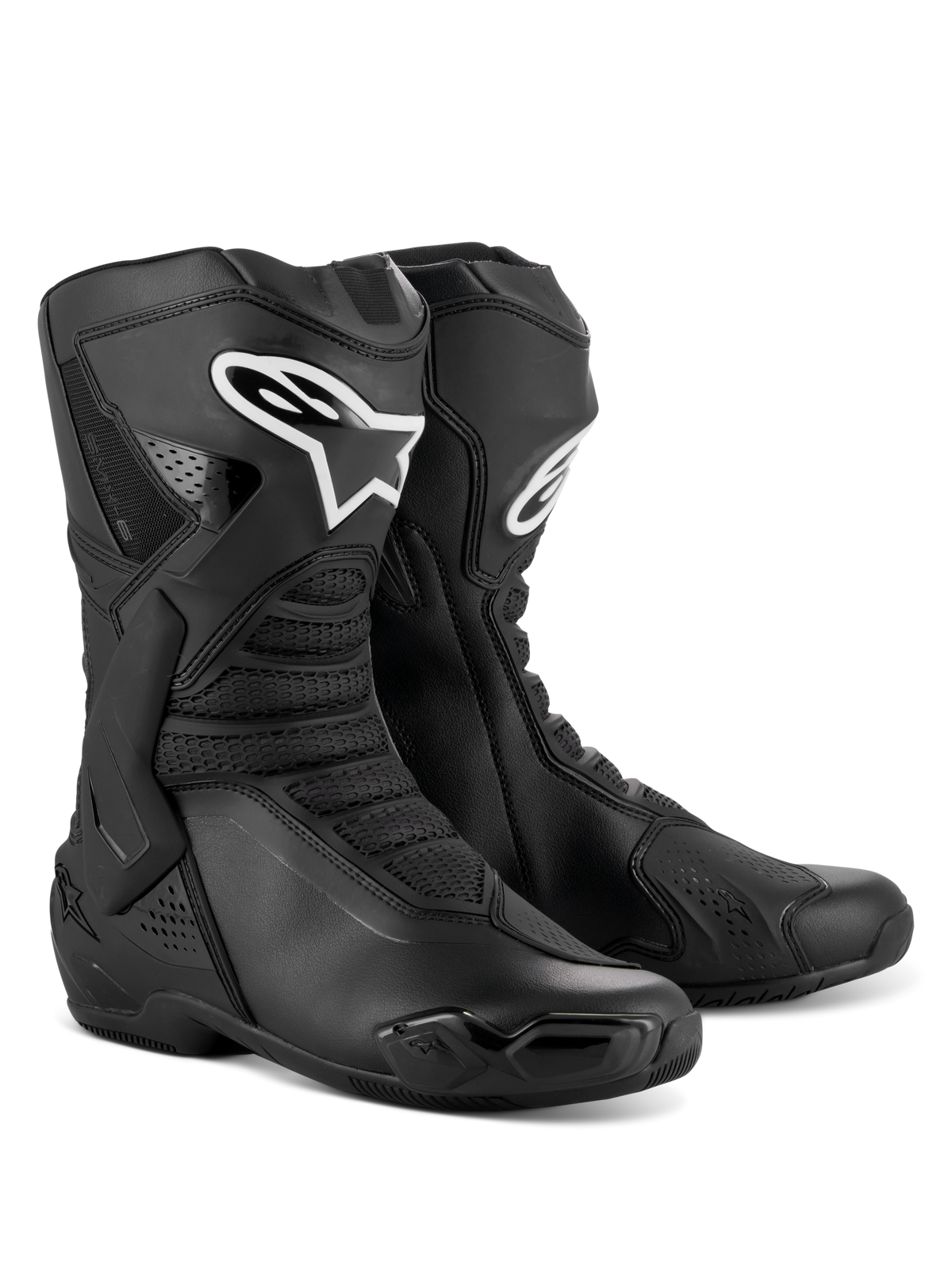 Buty Alpinestars SMX-6 V3, sportowe buty motocyklowe, czarne, ochrona goleni i kostki z TPU, elastyczne panele z siatki, ergonomiczna konstrukcja do jazdy sportowej i torowej, białe logo Alpinestars na goleni