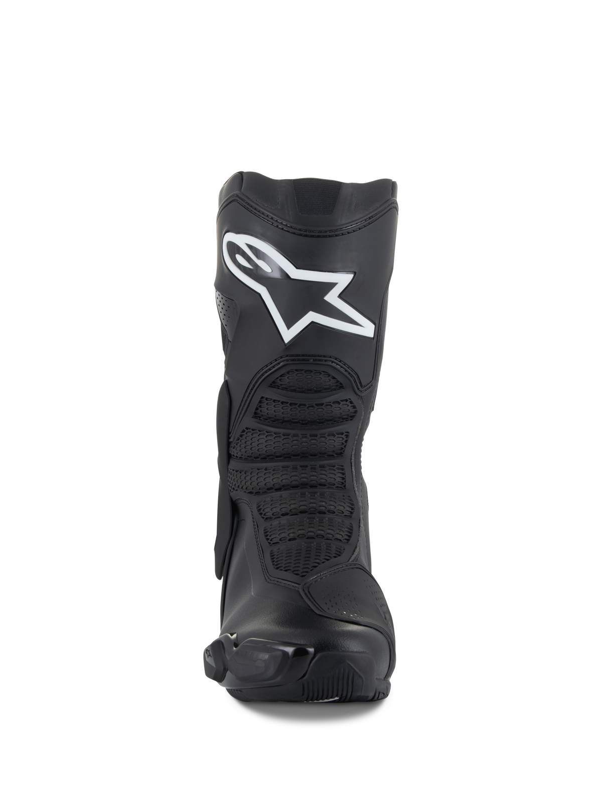 Alpinestars SMX-6 V3 Boots, Black, performance motorcycle riding boots, front view featuring a prominent white Astar logo on the shin, textured front flex zones, and sleek TPU protective elements.