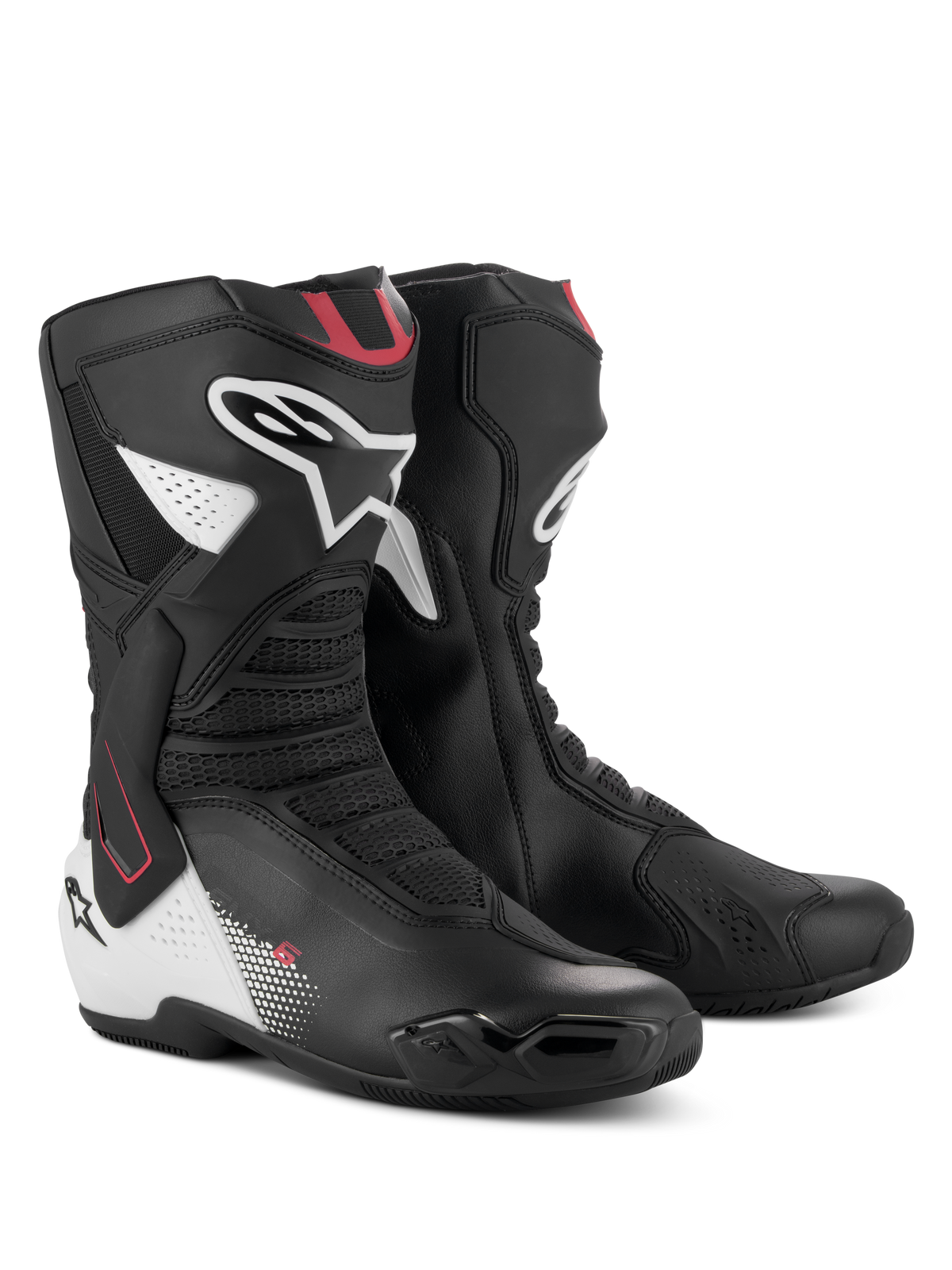 Buty Alpinestars SMX-6 V3, wyczynowe buty motocyklowe, czarno-biało-czerwona grafika, wyposażone w zaawansowaną cholewkę z mikrofibry, system ochrony kostki TPU, siatkowe strefy zgięcia oraz wyraźne logo Alpinestars na łydce i pięcie.