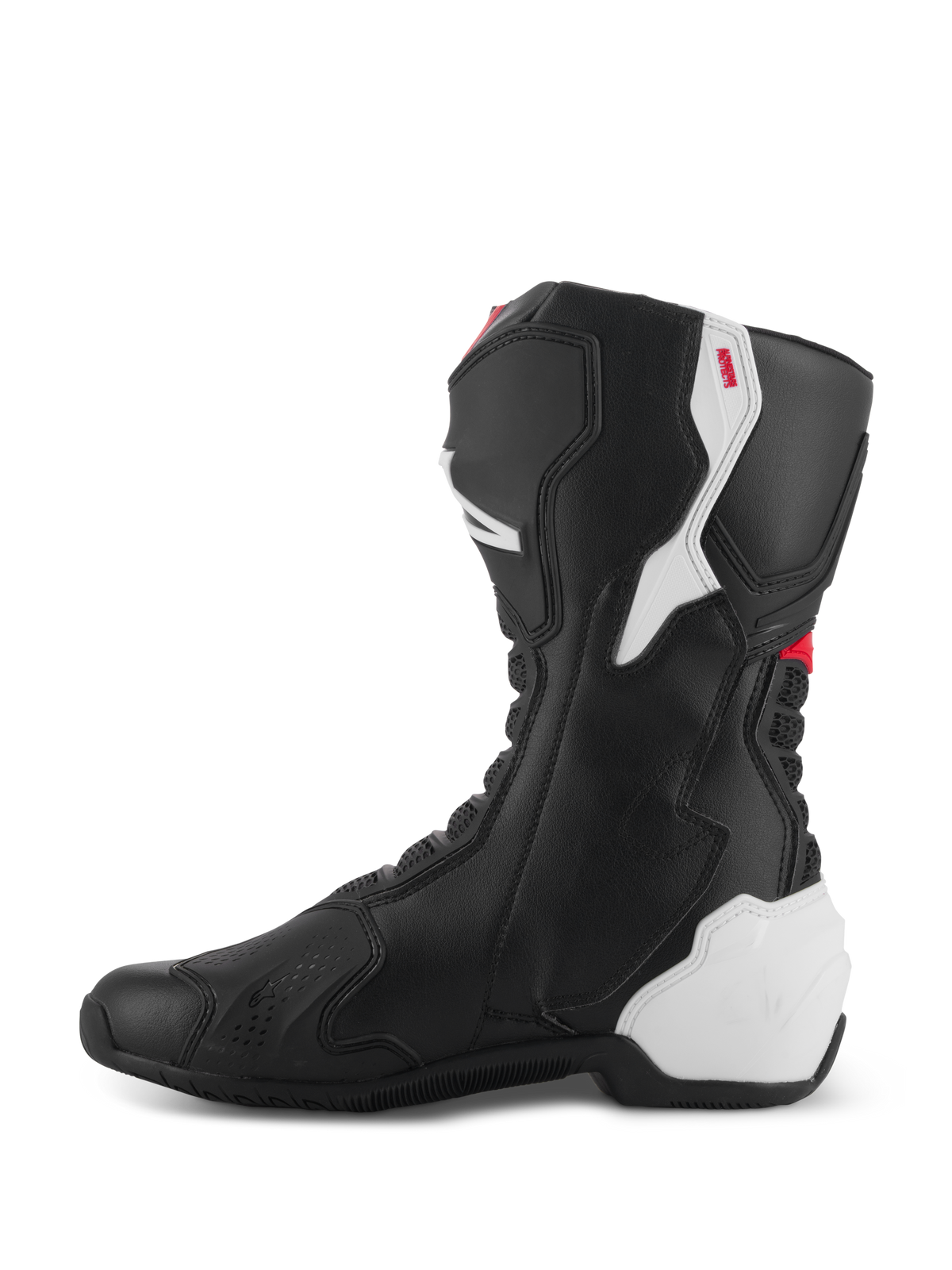 Buty Alpinestars SMX-6 V3, wyczynowe buty motocyklowe, grafika Black White Red, widok od strony wewnętrznej, konstrukcja z czarnej mikrofibry z białymi panelami ochronnymi TPU na pięcie i łydce, czerwone akcenty, elastyczne strefy harmonijkowe zapewniające większą mobilność i ochronę