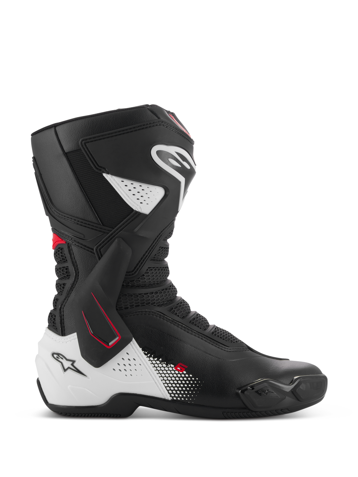 Buty Alpinestars SMX-6 V3, wyczynowe buty motocyklowe sportowe, czarno-biało-czerwone, profil boczny z boczną klamrą kostki TPU, wzmocnioną ochroną goleni i pięty, perforowanymi strefami elastycznymi z siatki oraz wymiennymi ślizgaczami palców do jazdy na torze i ulicy.