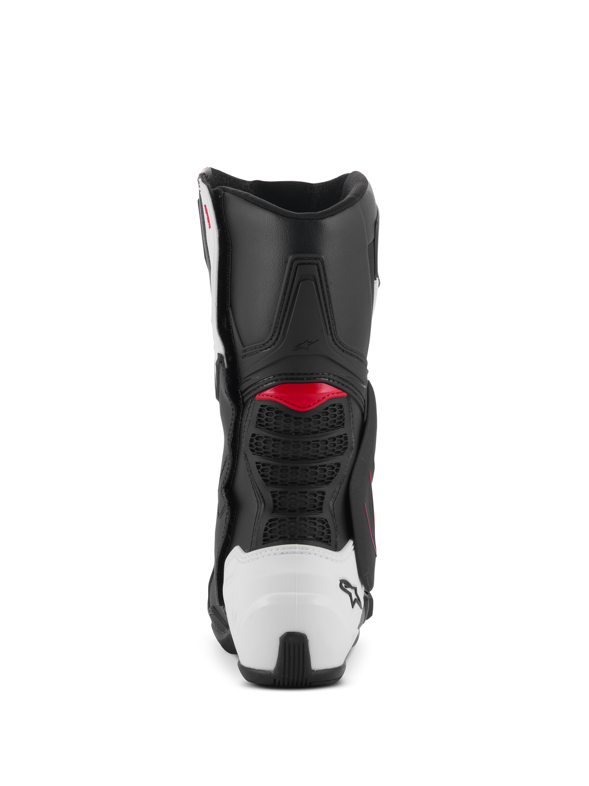 Alpinestars SMX-6 V3 Boots, sportowe buty motocyklowe, czarno-biało-czerwona grafika, widok z tyłu z białym ochraniaczem pięty TPU i czerwonymi akcentami, zaprojektowane do jazdy na torze i ulicy
