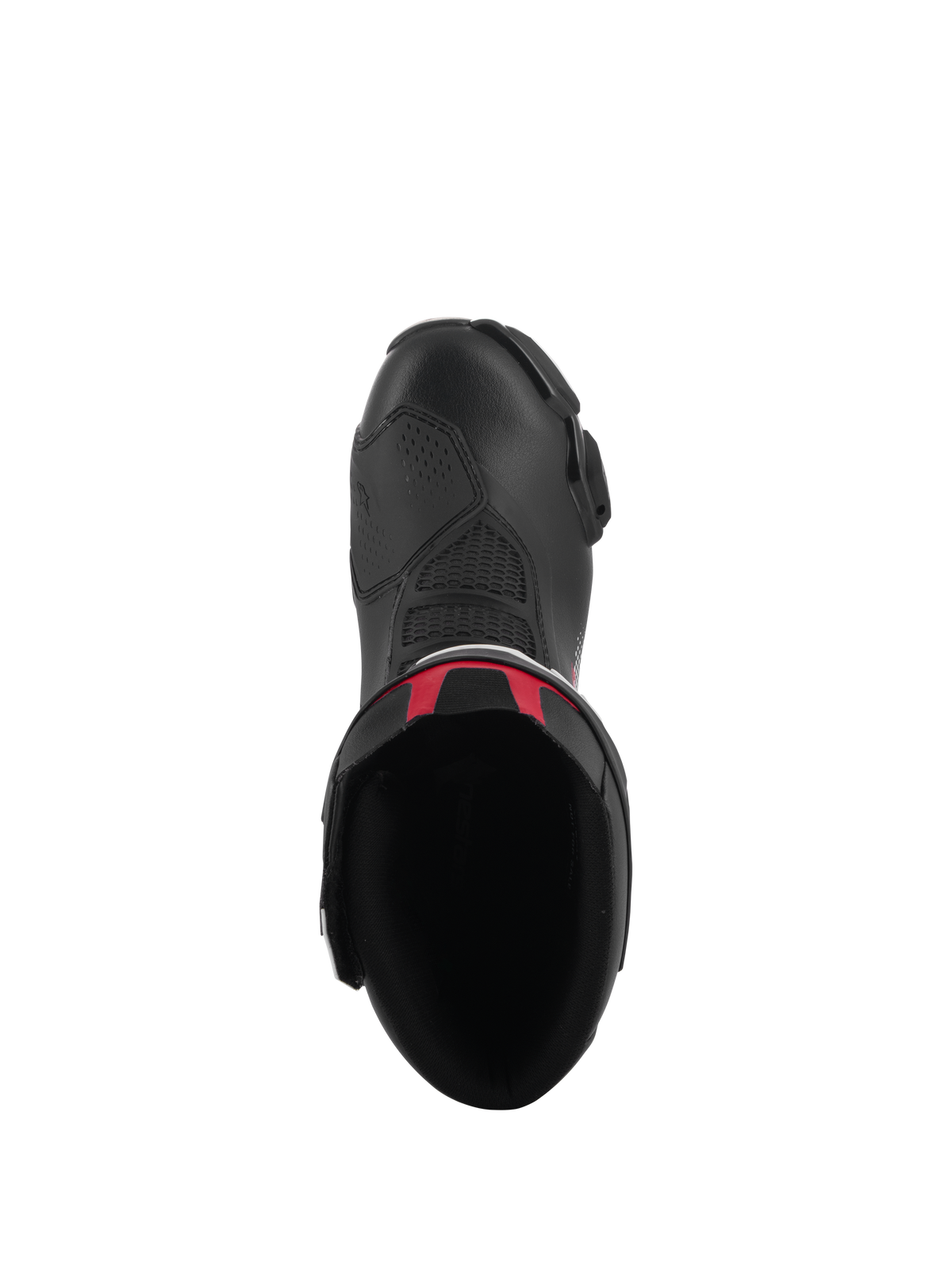 Buty Alpinestars SMX-6 V3, wyczynowe buty motocyklowe, czarne z czerwonymi akcentami, widok z góry ukazujący wnętrze oraz cholewkę z mikrofibry, smukły ergonomiczny design do wyścigów motocyklowych