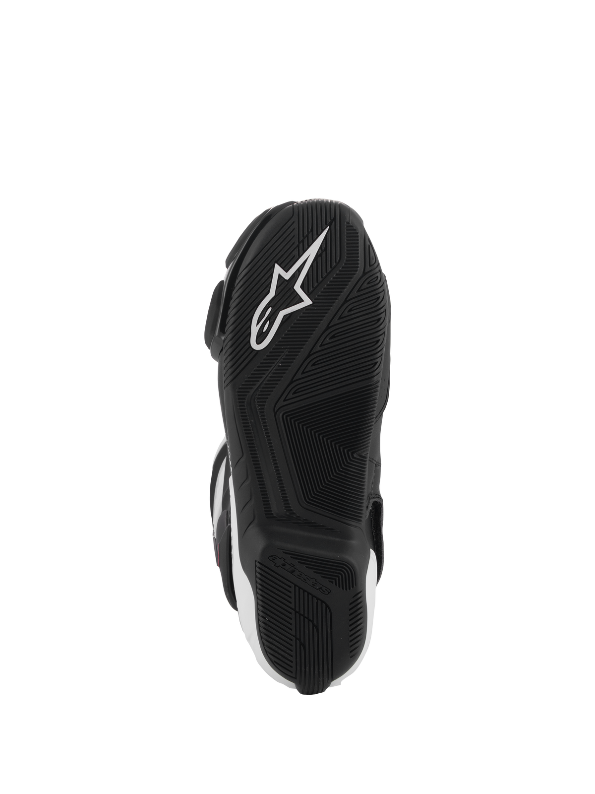 Alpinestars SMX-6 V3 Boots, widok spodu podeszwy, czarna guma z teksturowanym wzorem przyczepności, z białym logo gwiazdy Alpinestars, sportowe obuwie motocyklowe