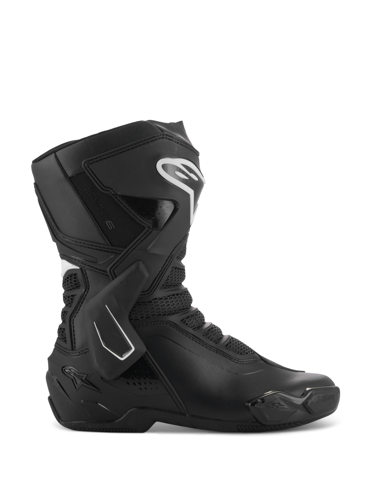Alpinestars Stella SMX-6 V3 Boots, Women's Motorcycle Racing Boots, Black and White, side profile view featuring TPU ankle brace and shin protectors, breathable mesh panels, white Alpinestars logo on the front, engineered for track and street performance