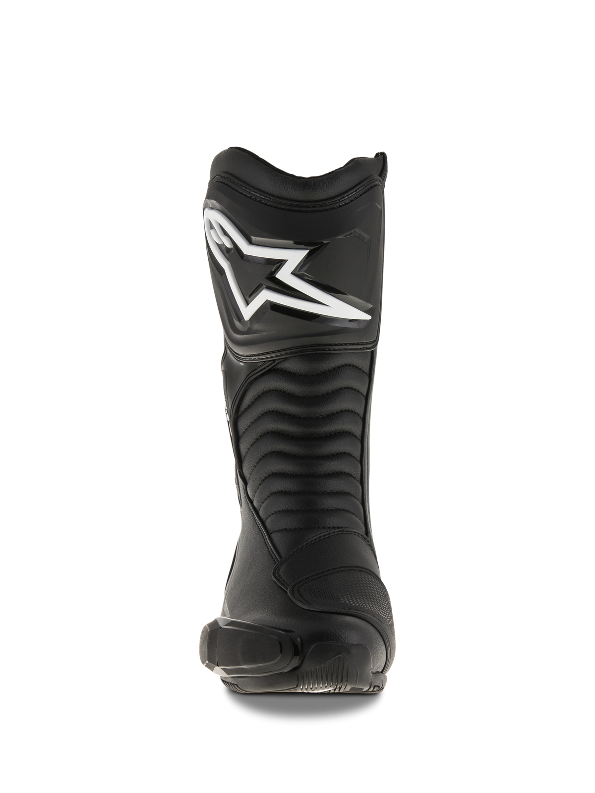 Buty Alpinestars SMX S, czarne buty motocyklowe, widok z przodu ukazujący duże białe logo Alpinestars na ochraniaczu goleni, elastyczne panele harmonijkowe oraz trwałą konstrukcję z mikrofibry z ochronnymi osłonami PU