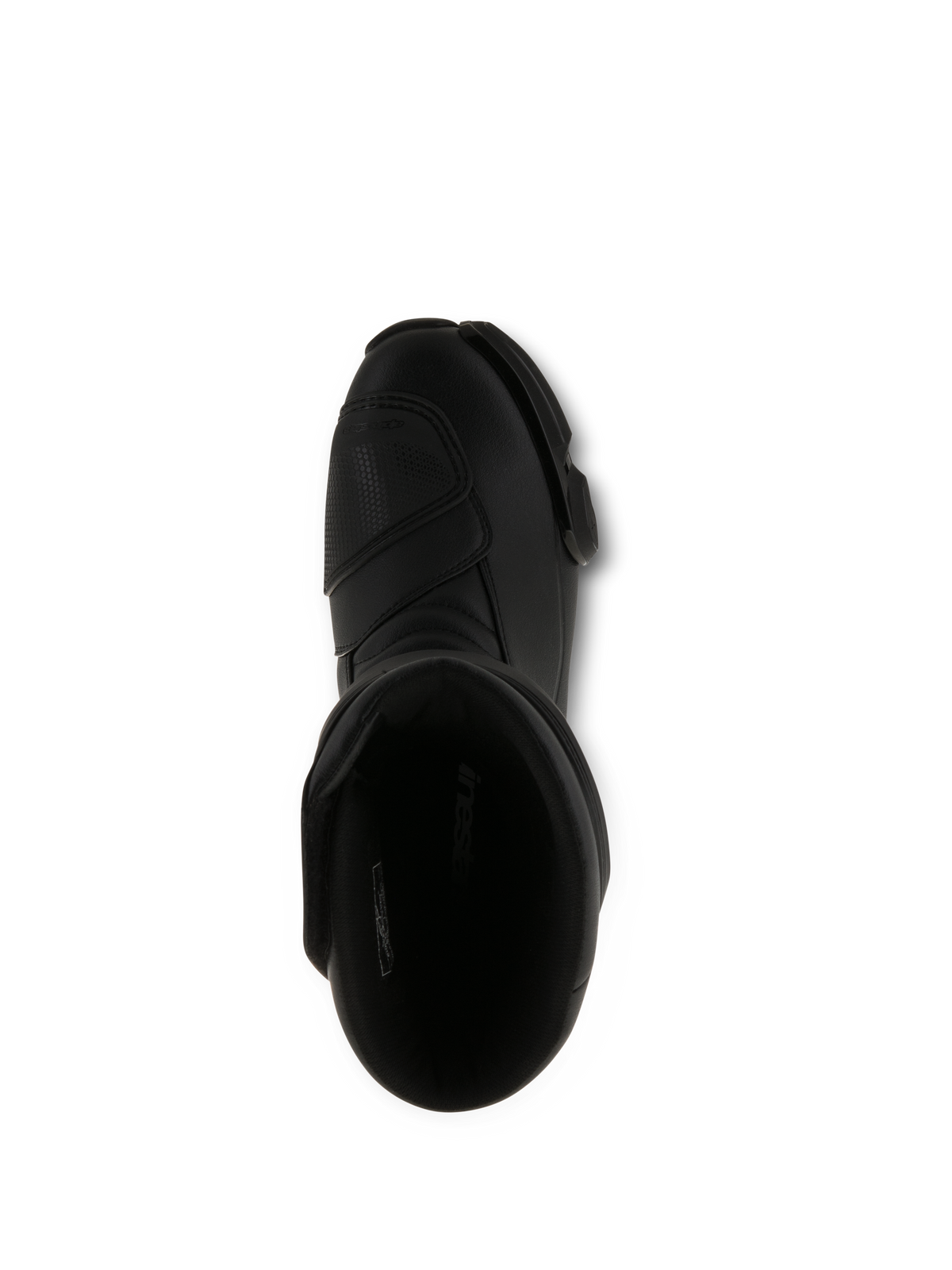 Buty Alpinestars SMX S, czarne buty motocyklowe, widok z góry na otwór wewnętrzny, całkowicie czarna konstrukcja z mikrofibry ze wzmocnioną nakładką do zmiany biegów i ergonomiczną konstrukcją ochronną