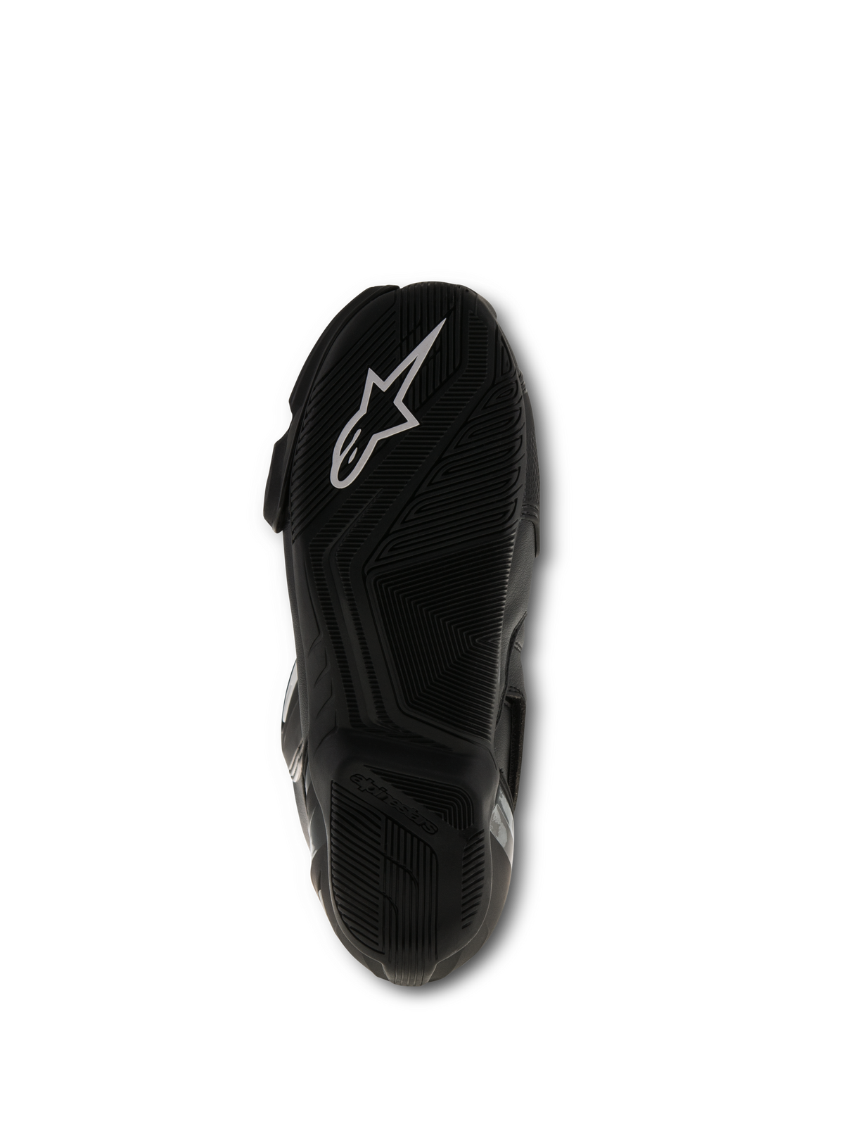 Alpinestars SMX S Boots, czarne, widok podeszwy pokazujący teksturowaną mieszankę gumową i białe logo Alpinestars, wyczynowe obuwie motocyklowe