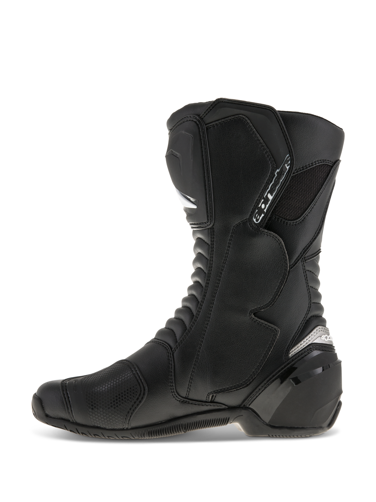 Buty Alpinestars SMX S, buty motocyklowe, czarne, widok z boku, trwała cholewka z mikrofibry, ochraniacze goleni i pięty z PU, ergonomiczny design do jazdy sportowej i szosowej