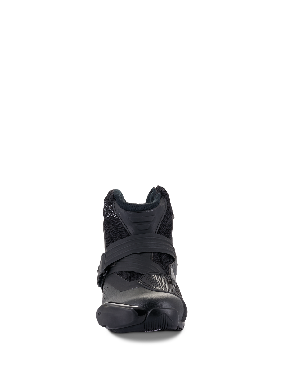 Alpinestars SMX-1 R V2 Vented Boots, czarne, niskoprofilowe buty motocyklowe, widok z przodu pokazujący zapięcie na pasek i ochronę palców z TPU, wentylowana cholewka z mikrofibry